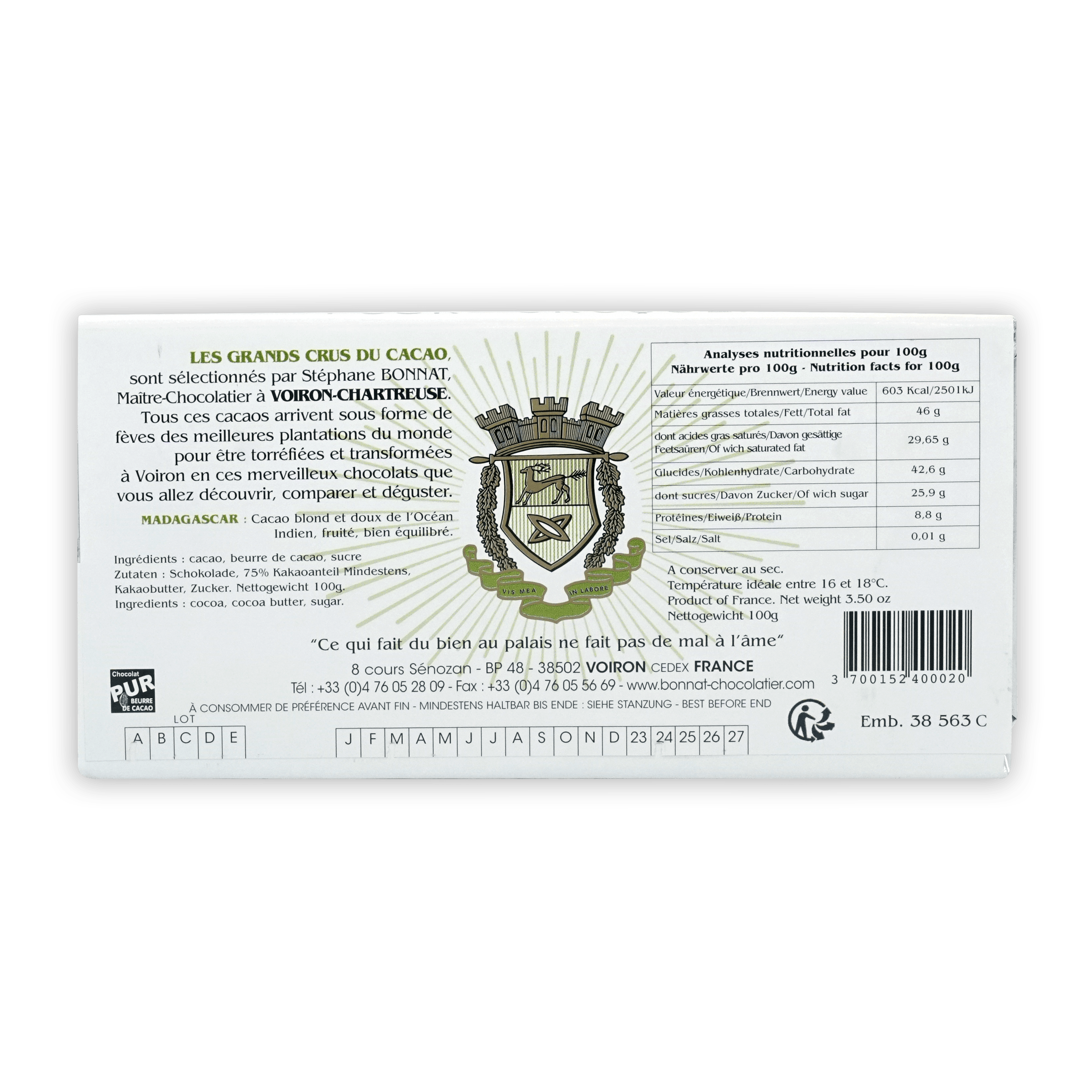 Bonnat Madagascar 75% Voiron Chantreuse white box with green gold crest