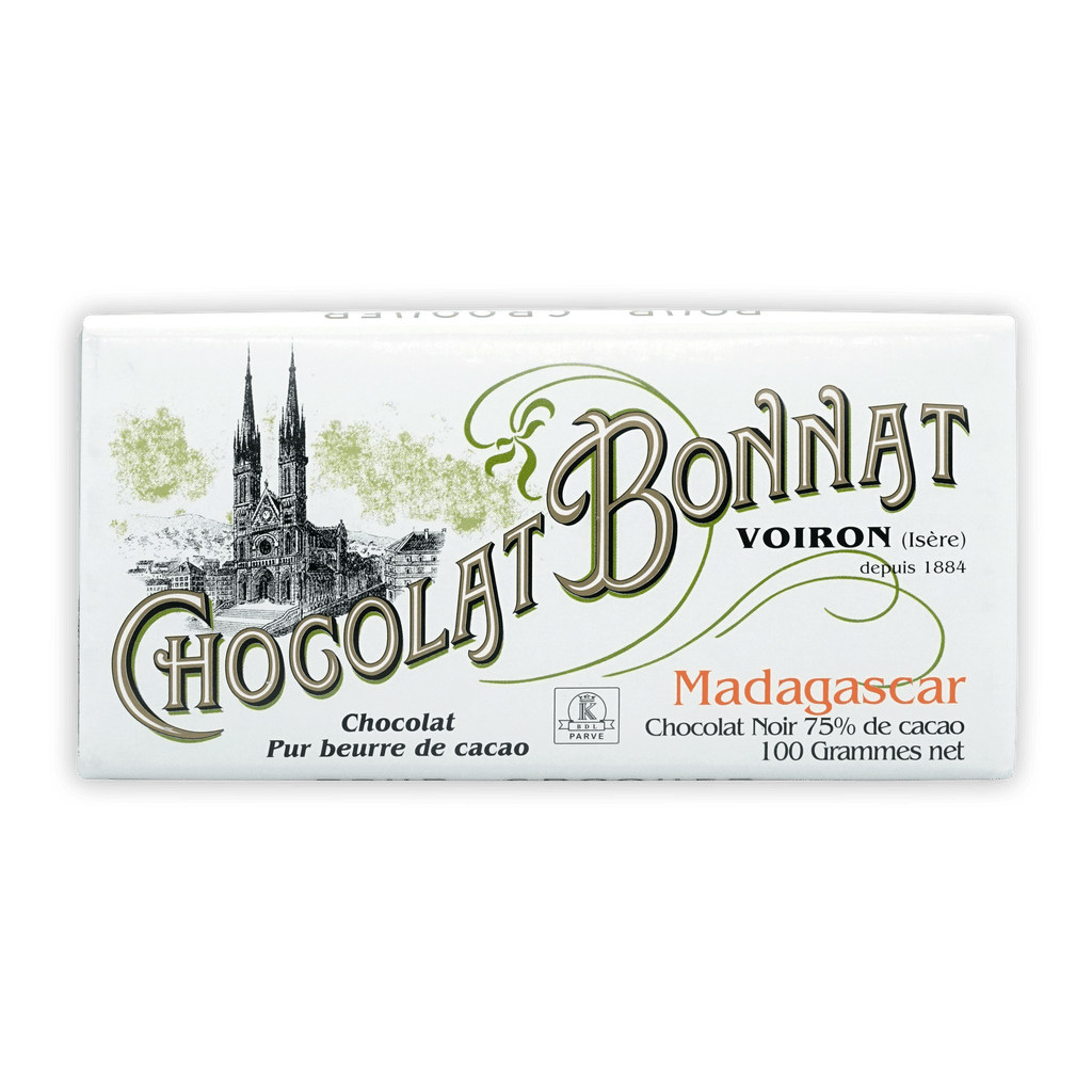 Bonnat Madagascar 75% chocolate bar wrapper with Voiron cathedral
