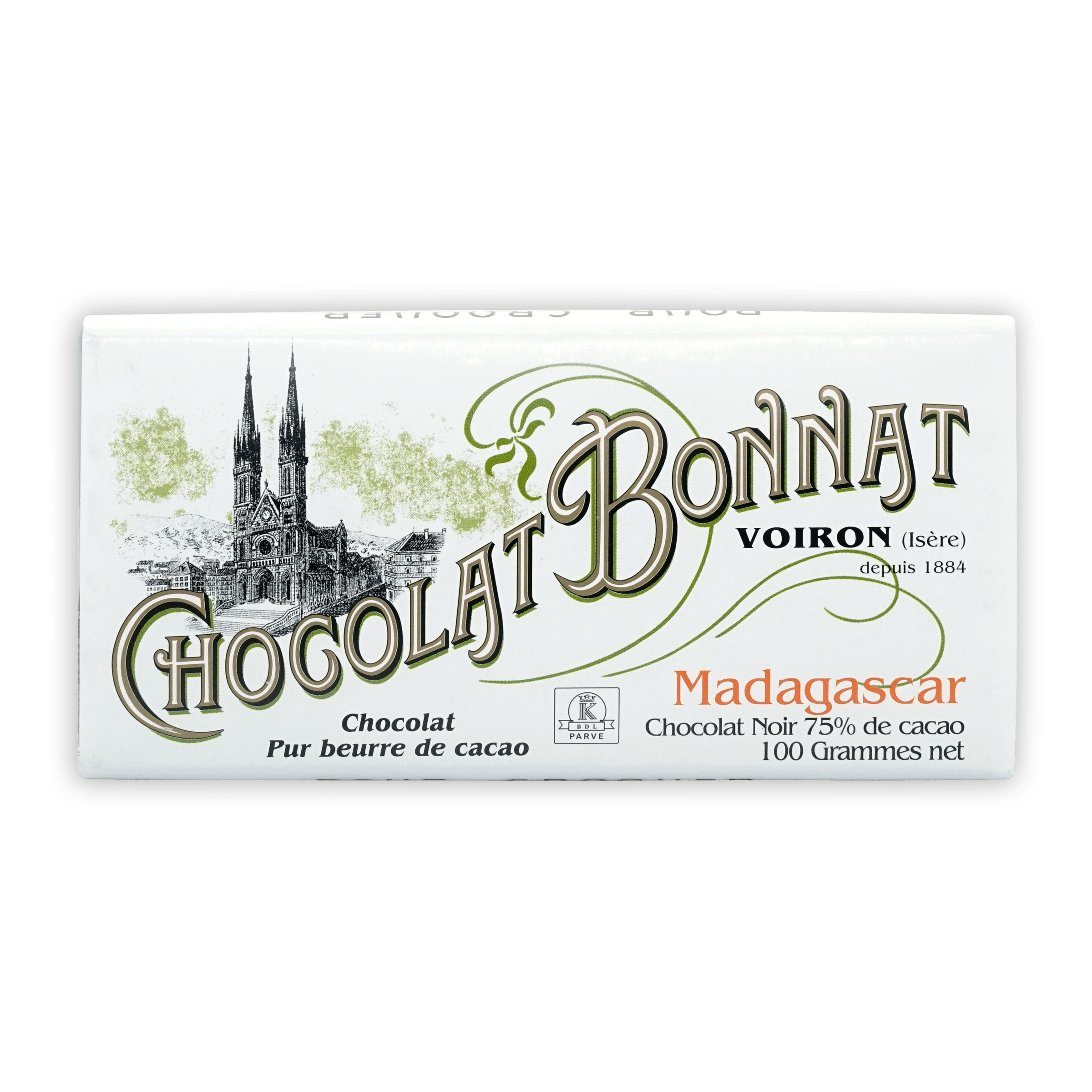 Bonnat Madagascar 75% chocolate bar wrapper with Voiron cathedral