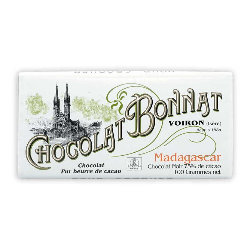 Bonnat Madagascar 75% chocolate bar wrapper with Voiron cathedral