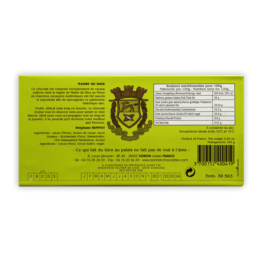 Bonnat Madre de Dios Peru 75% bright green wrapper with gold lion crest