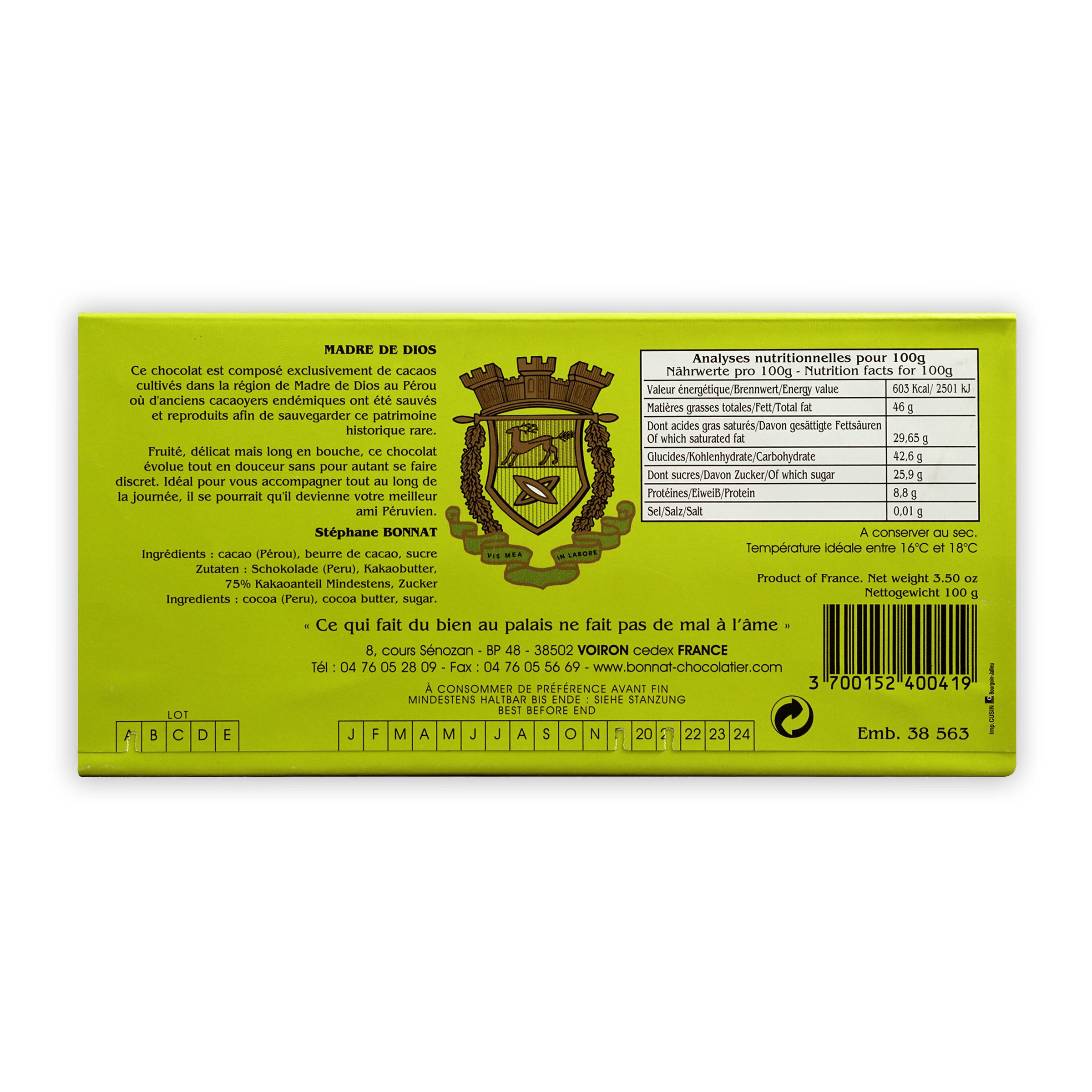 Bonnat Madre de Dios Peru 75% bright green wrapper with gold lion crest