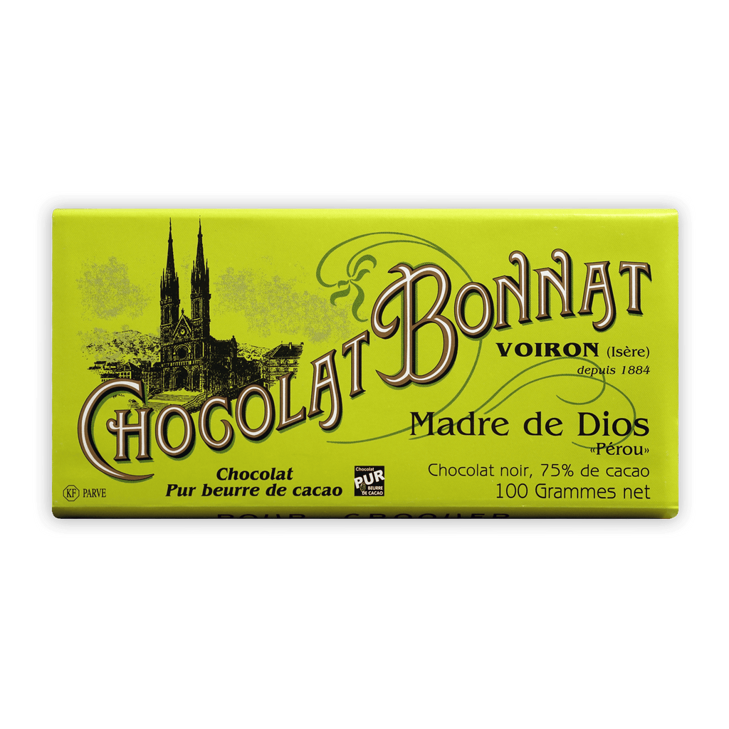 Vibrant lime green wrapper of Bonnat Madre de Dios Peru 75% dark chocolate bar