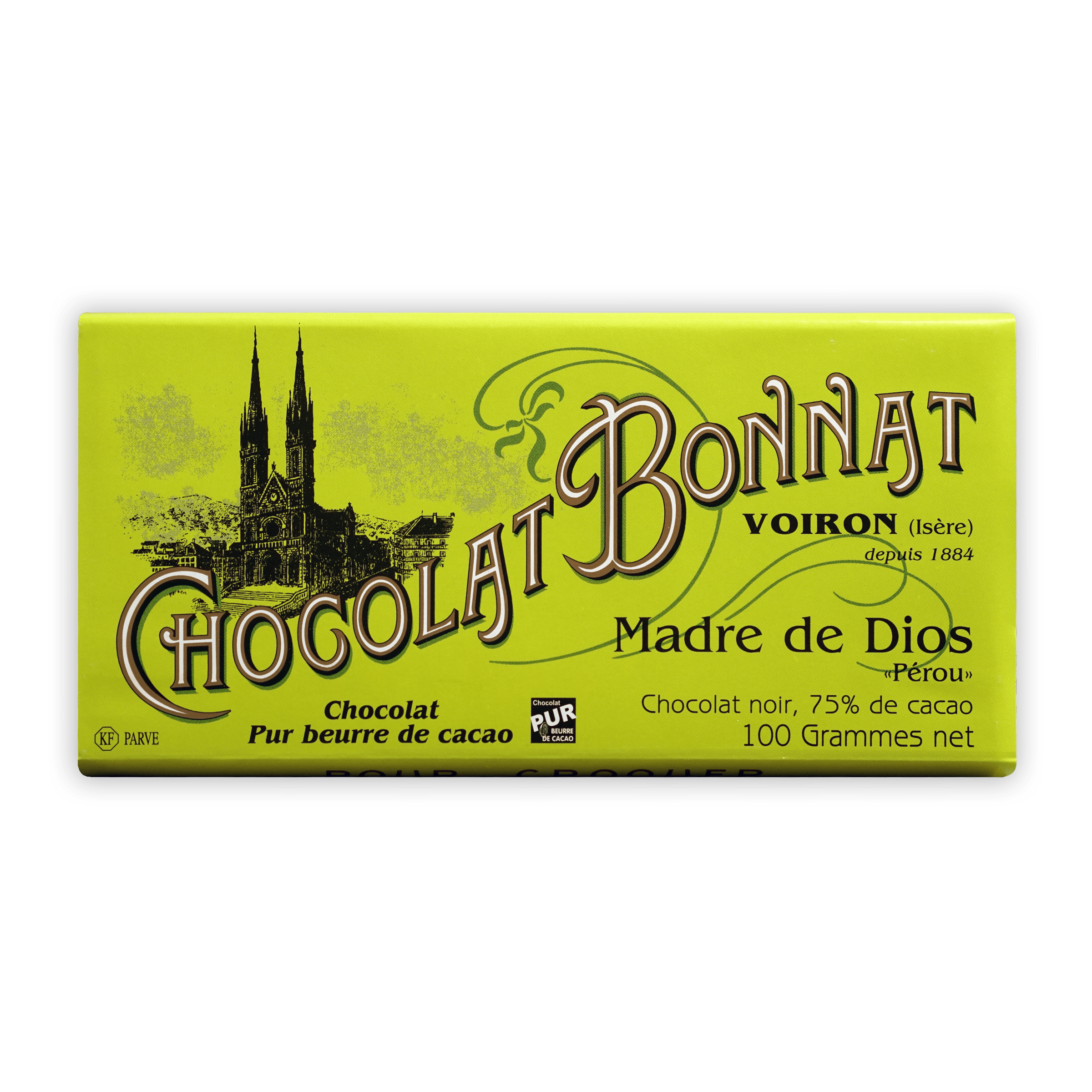 Vibrant lime green wrapper of Bonnat Madre de Dios Peru 75% dark chocolate bar