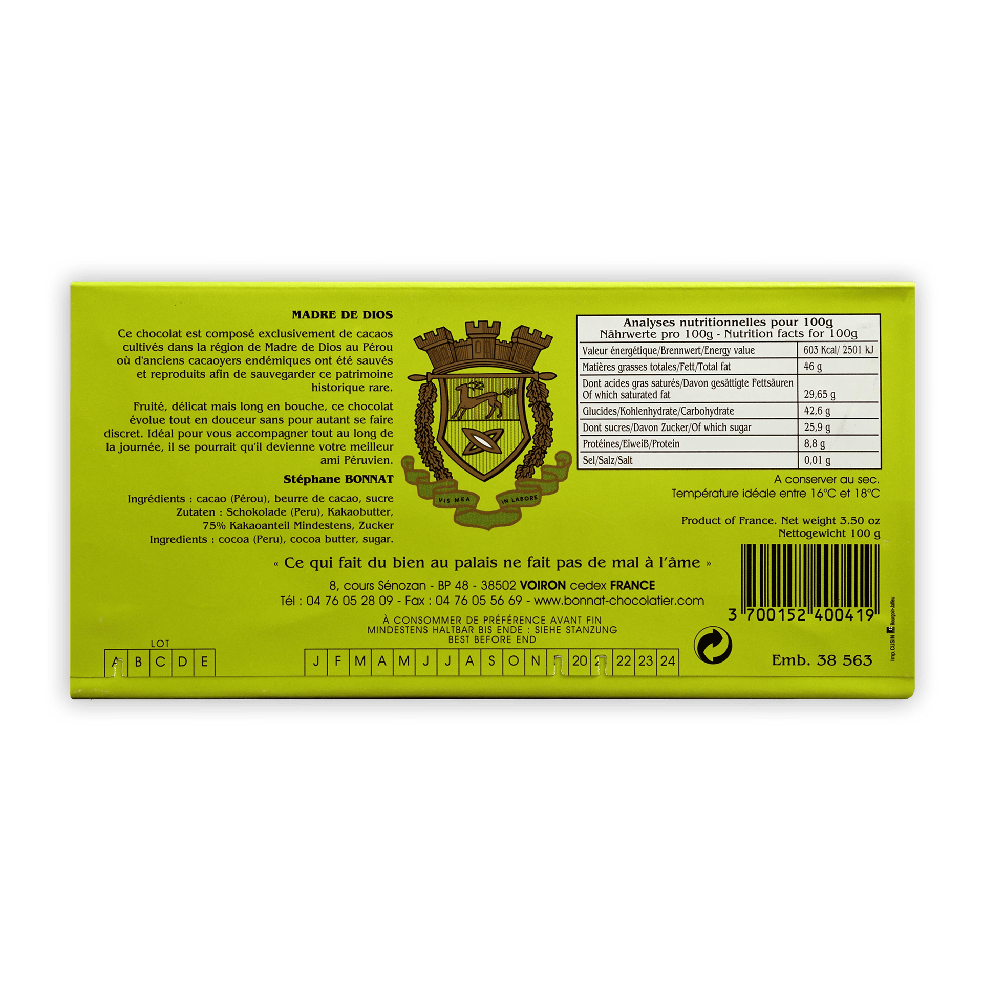 Bonnat Madre de Dios Peru 75% bright green wrapper with gold lion crest