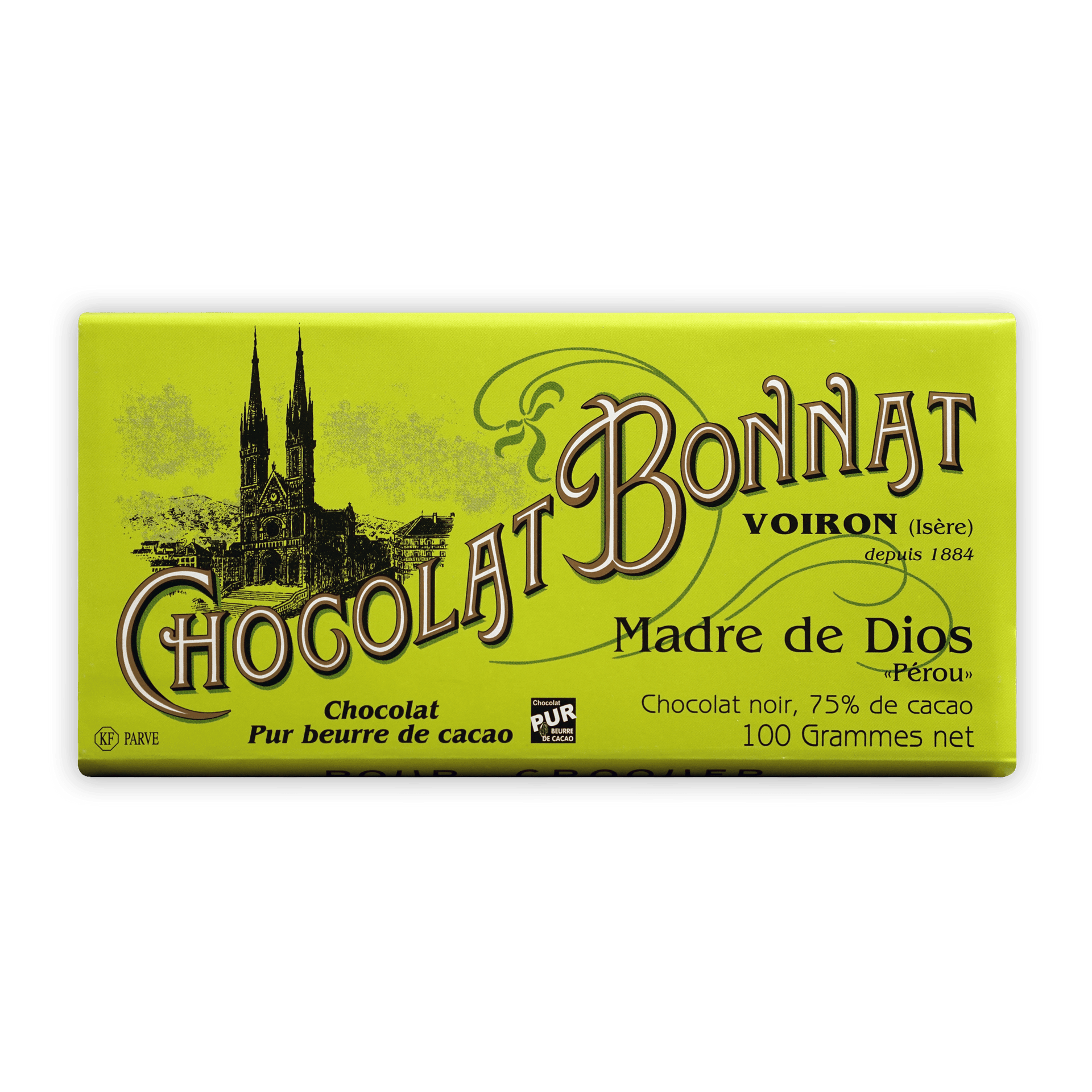 Vibrant lime green wrapper of Bonnat Madre de Dios Peru 75% dark chocolate bar