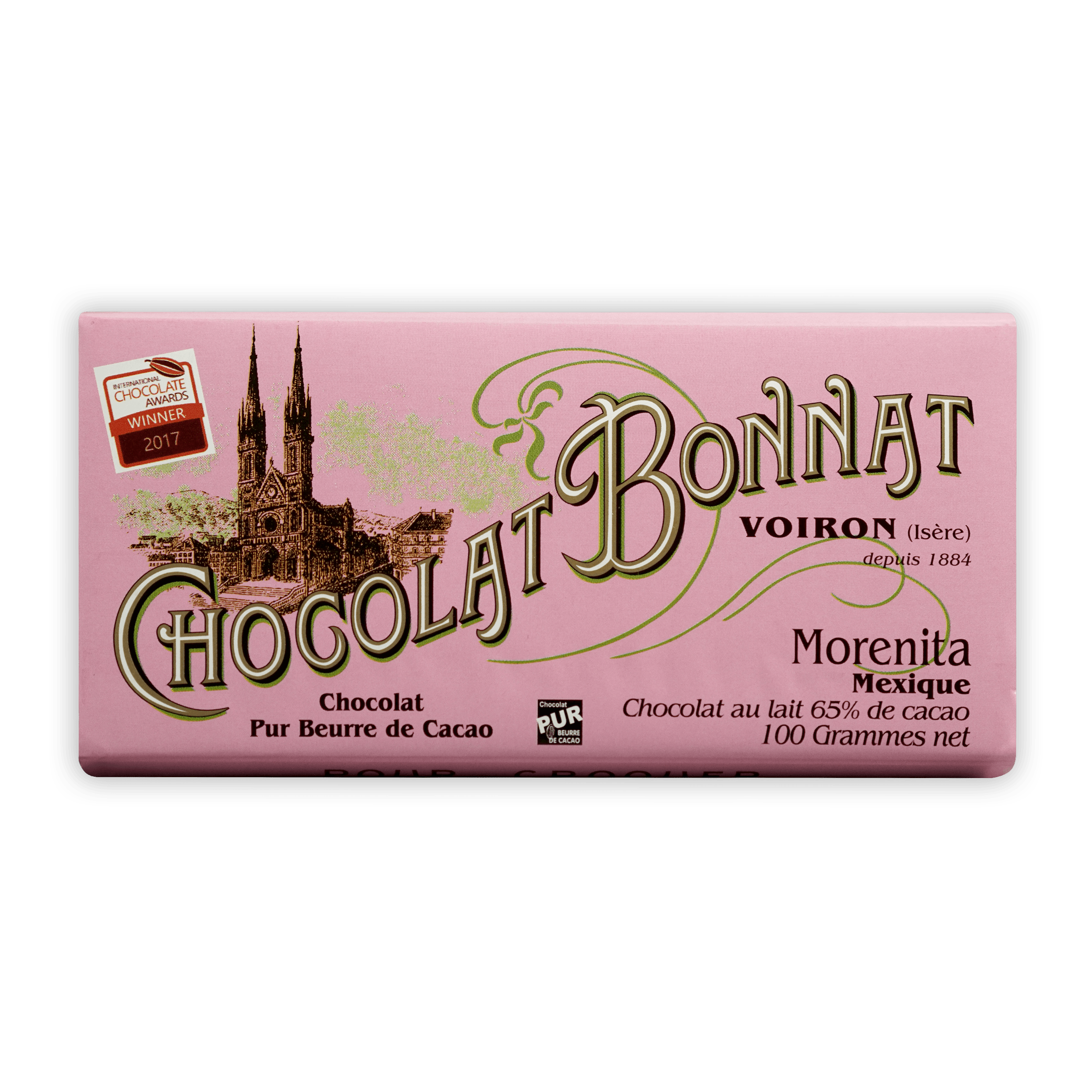 Bonnat Morenita Mexico Milk 65% pink wrapper with gold logo and church art