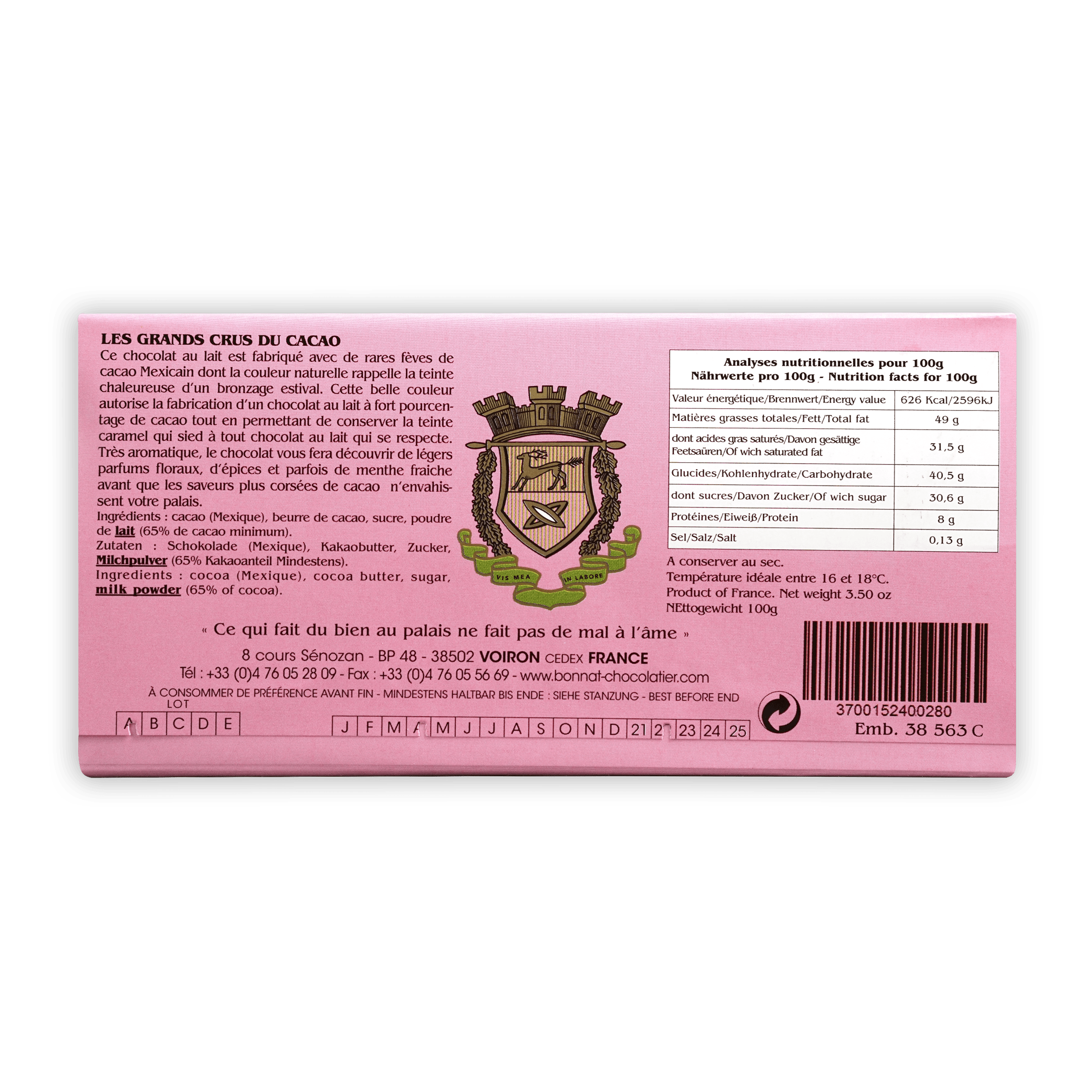 Bonnat Morenita Mexico Milk 65% pink rectangular wrapper with crest