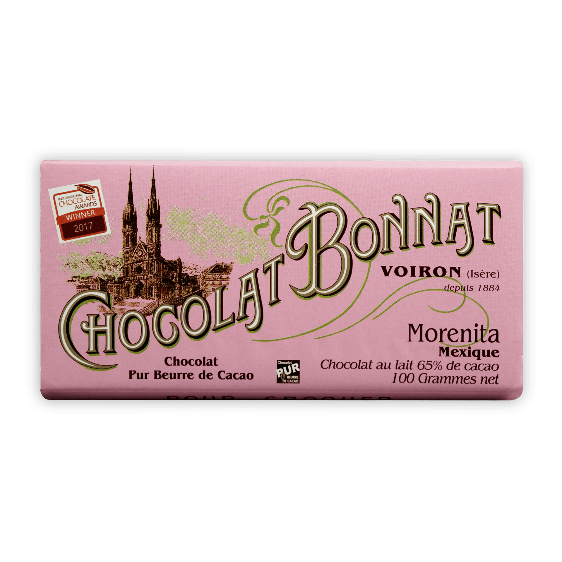 Bonnat Morenita Mexico Milk 65% pink wrapper with gold logo and church art