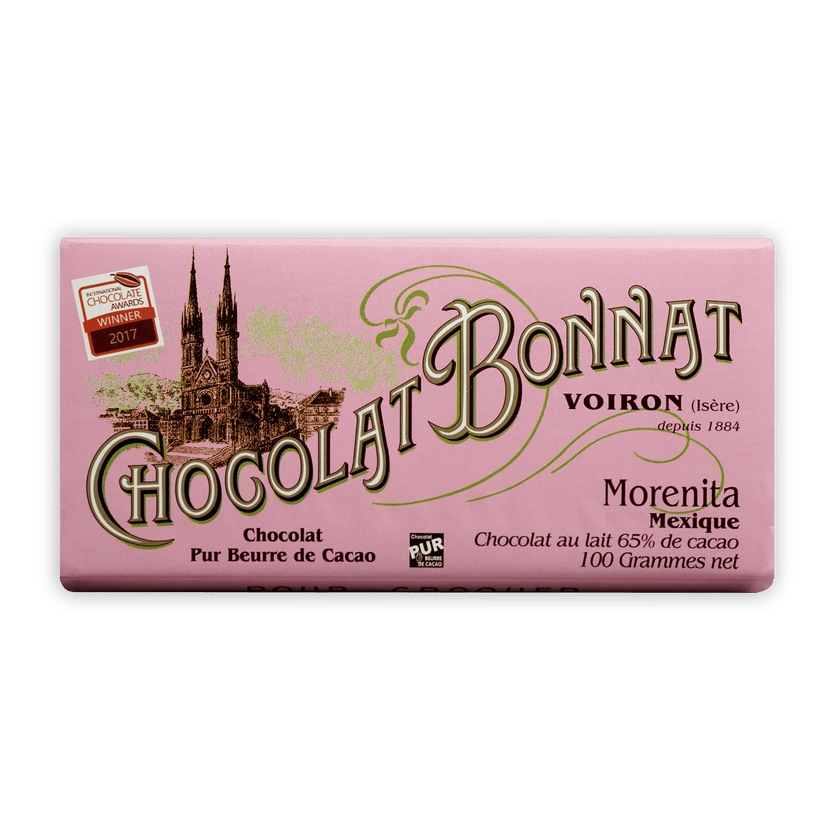 Bonnat Morenita Mexico Milk 65% pink wrapper with gold logo and church art