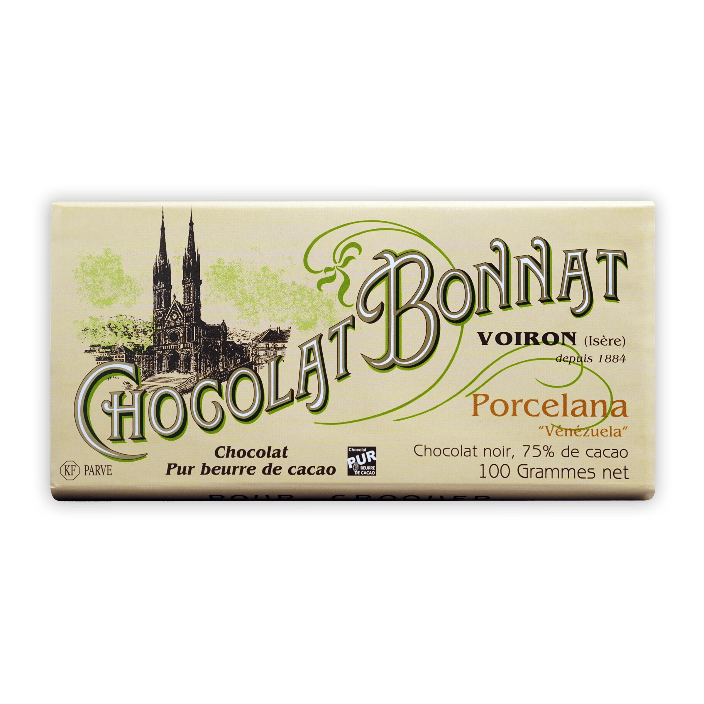 Bonnat Porcelana 75% cream wrapper with church and green script
