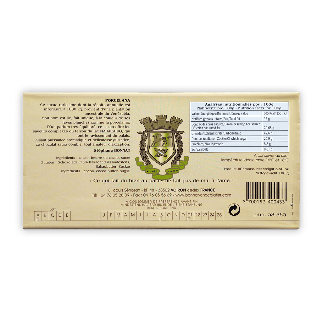 Bonnat Porcelana 75% gold wrapper with green-yellow crest in French and German