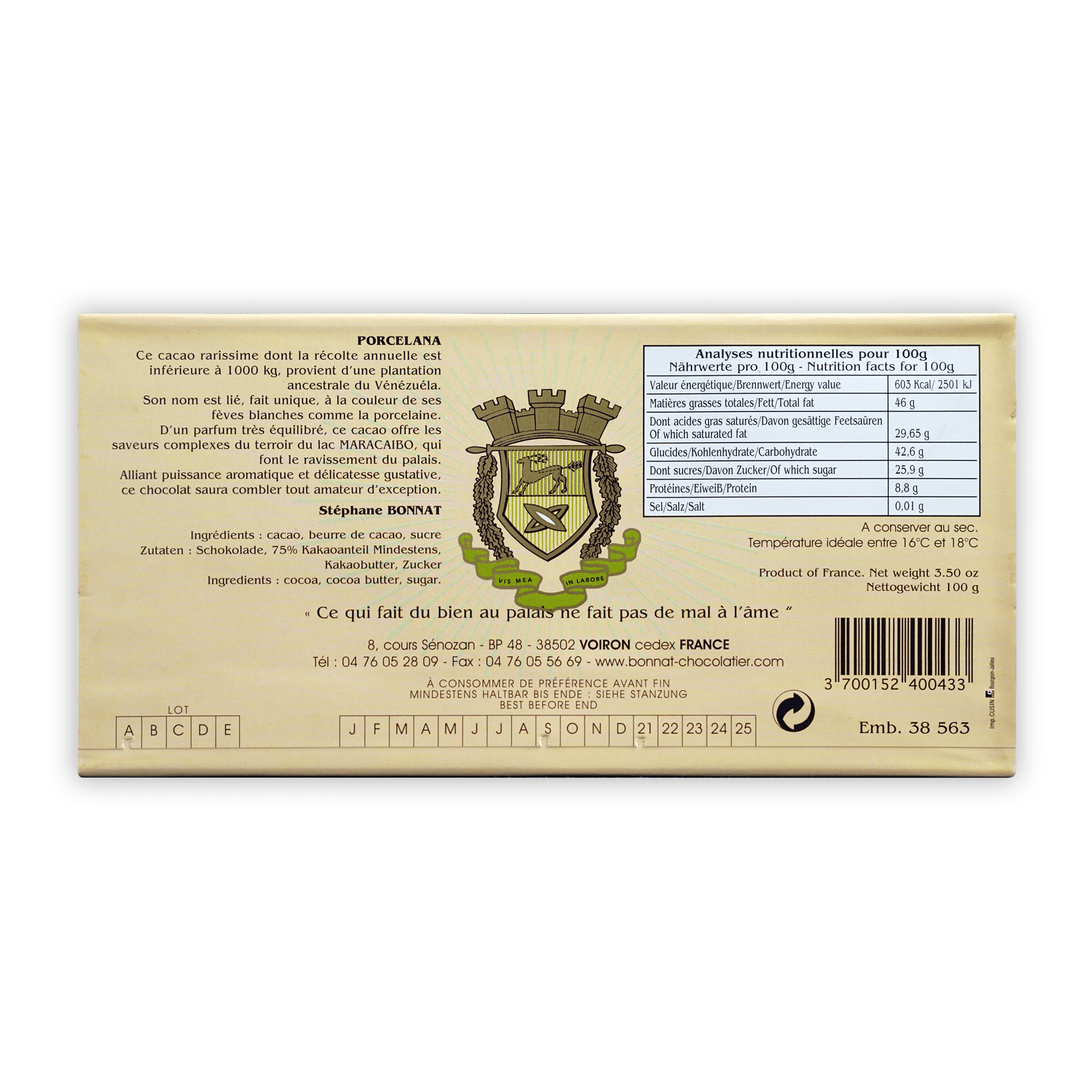 Bonnat Porcelana 75% gold wrapper with green-yellow crest in French and German