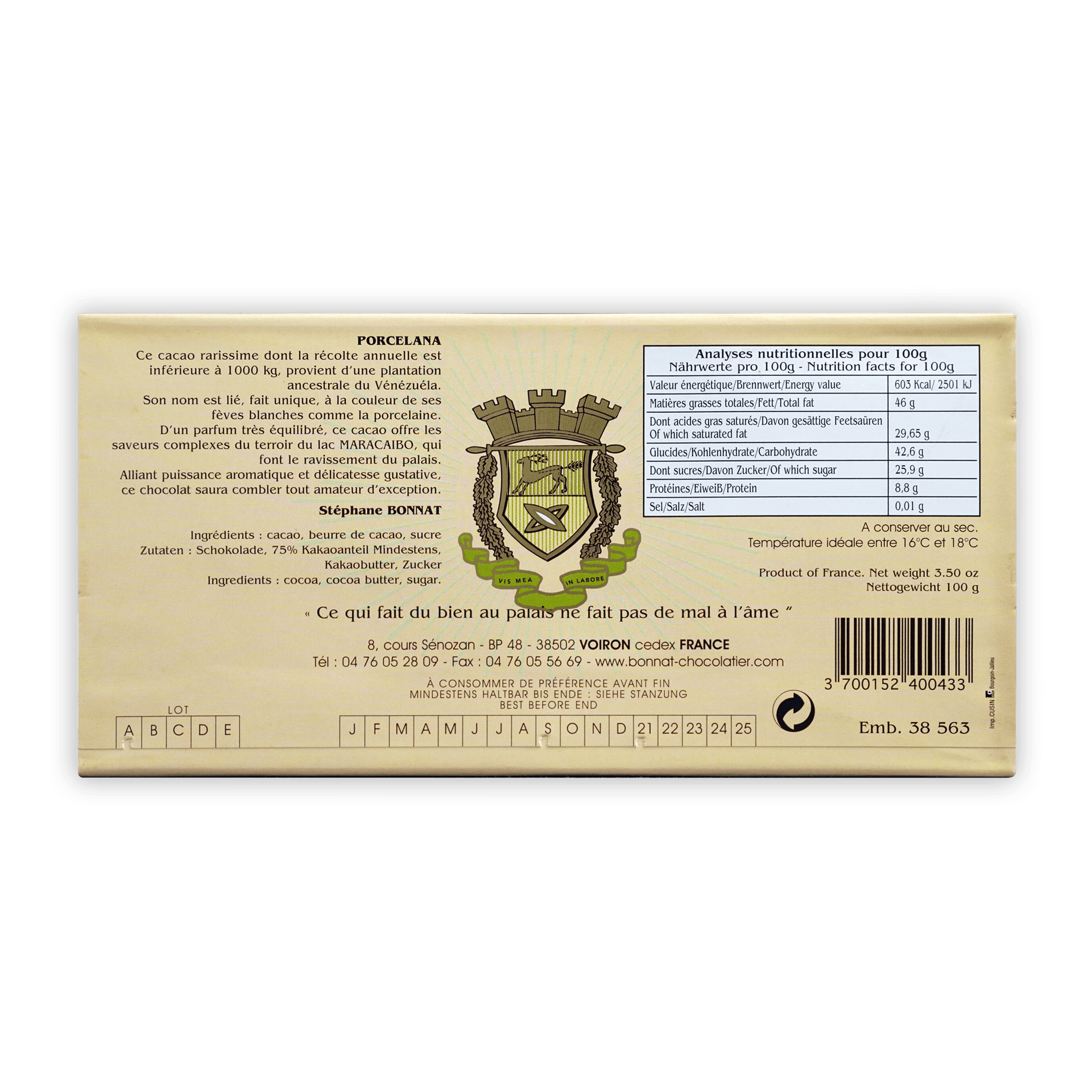 Bonnat Porcelana 75% gold wrapper with green-yellow crest in French and German