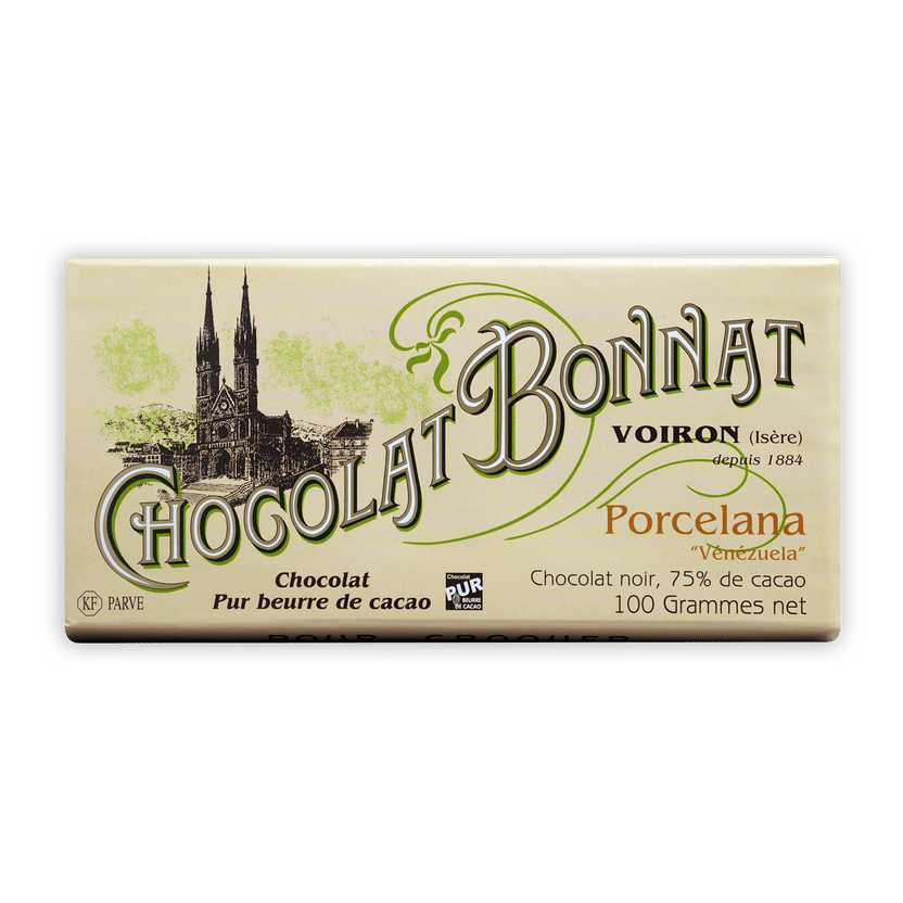Bonnat Porcelana 75% cream wrapper with church and green script
