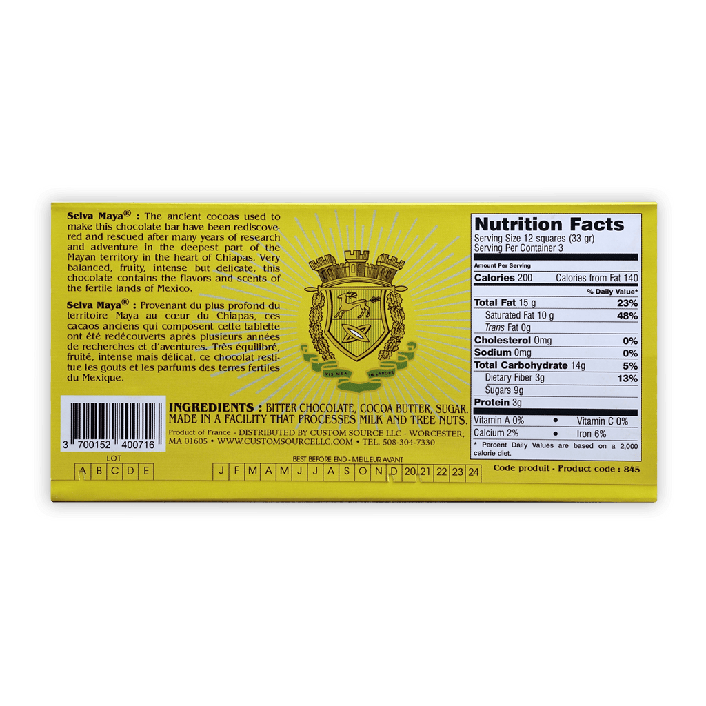 Bonnat Selva Maya 75% chocolate bar back: yellow pack with gold crest, nutrition facts