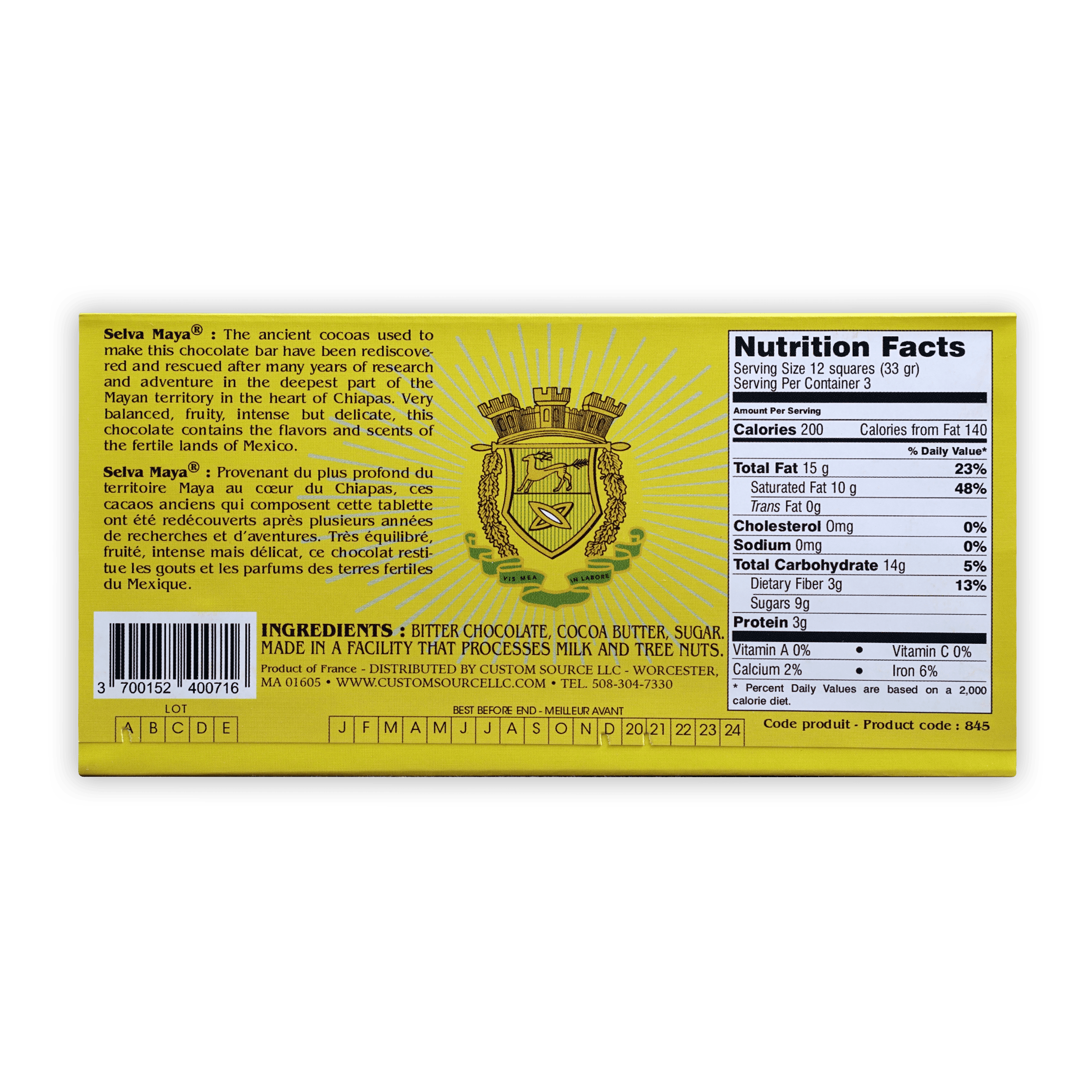 Bonnat Selva Maya 75% chocolate bar back: yellow pack with gold crest, nutrition facts