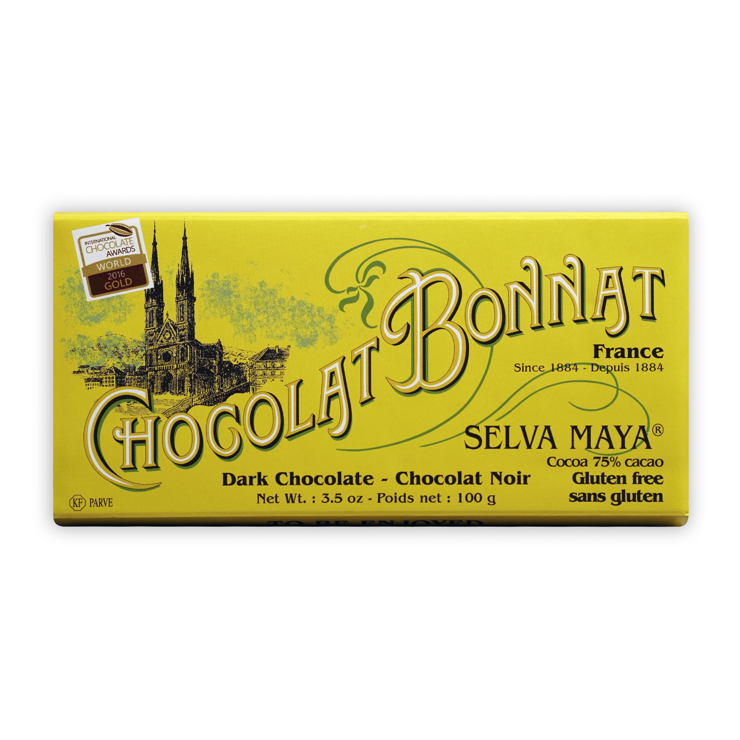 Bonnat Selva Maya 75% dark chocolate bar wrapper with gold lettering and cathedral illustration