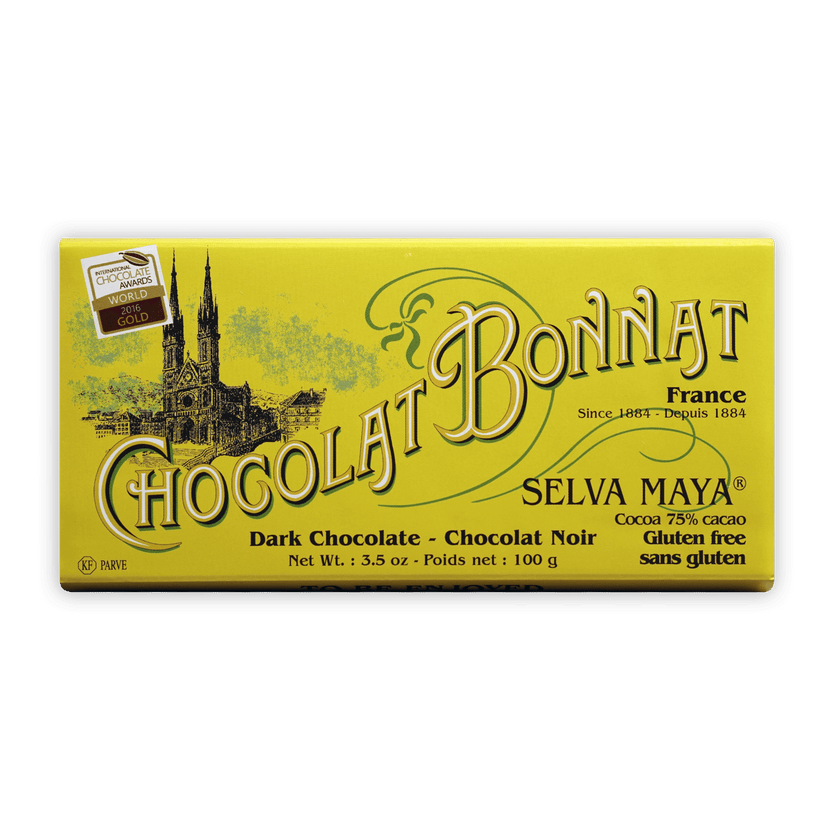 Bonnat Selva Maya 75% dark chocolate bar wrapper with gold lettering and cathedral illustration