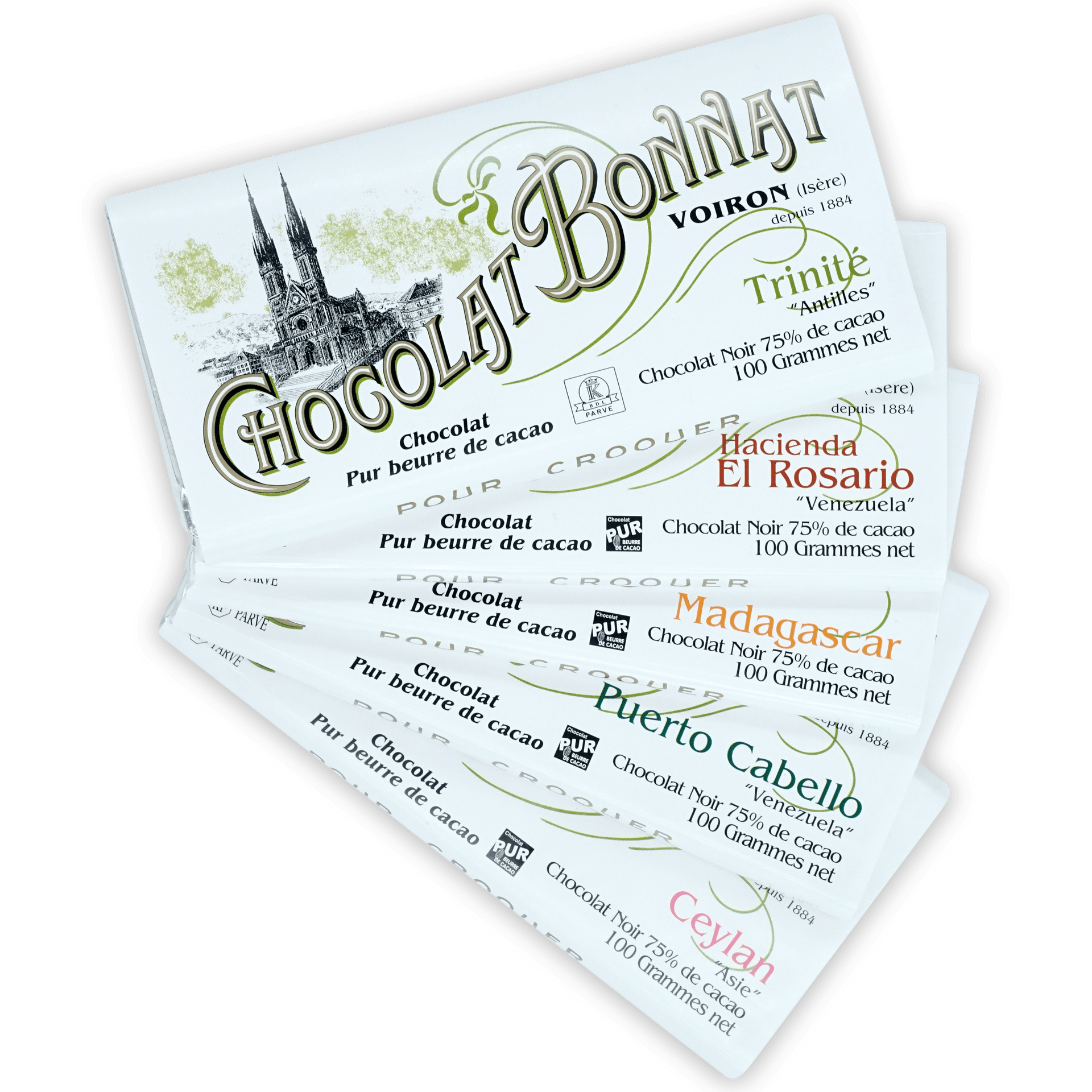 Bonnat Chocolate Single Origin Bundle: 75% dark cocoa bar wrappers with green black typography, origins like Trinite Madagascar Ceylan