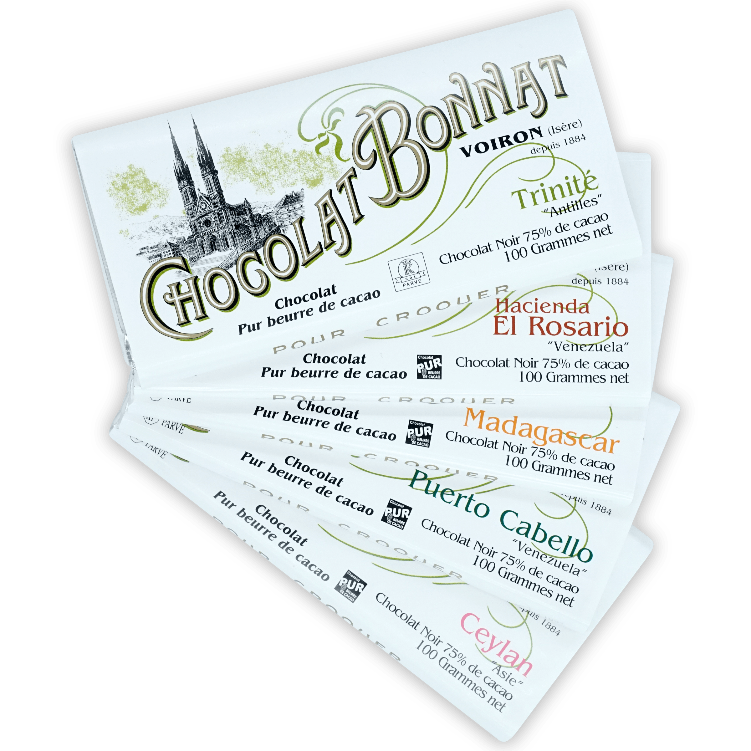 Bonnat Chocolate Single Origin Bundle: 75% dark cocoa bar wrappers with green black typography, origins like Trinite Madagascar Ceylan