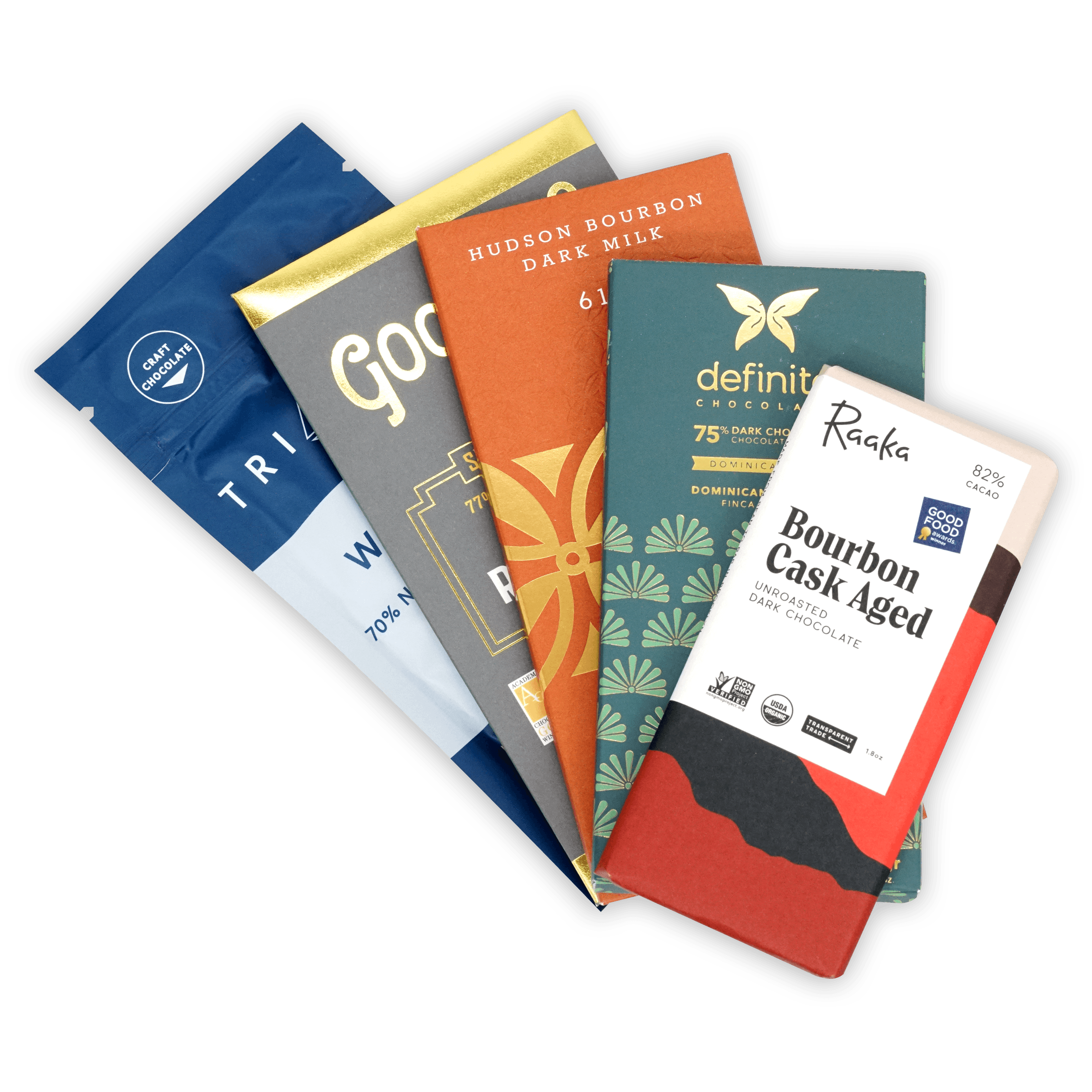 Boozy chocolate bars bundle with Raaka, Hudson Bourbon, Definitive bars