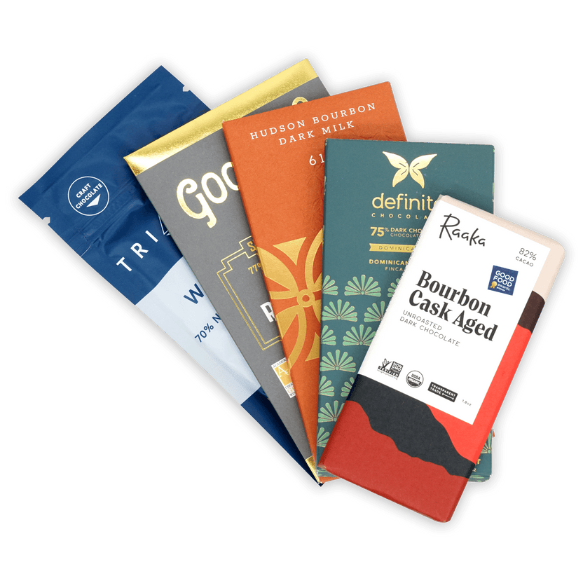 Boozy chocolate bars bundle with Raaka, Hudson Bourbon, Definitive bars
