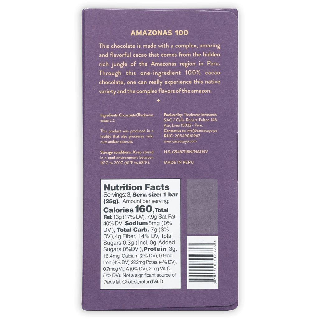 Cacaosuyo Amazonas 100% purple rectangular chocolate bar wrapper with barcode