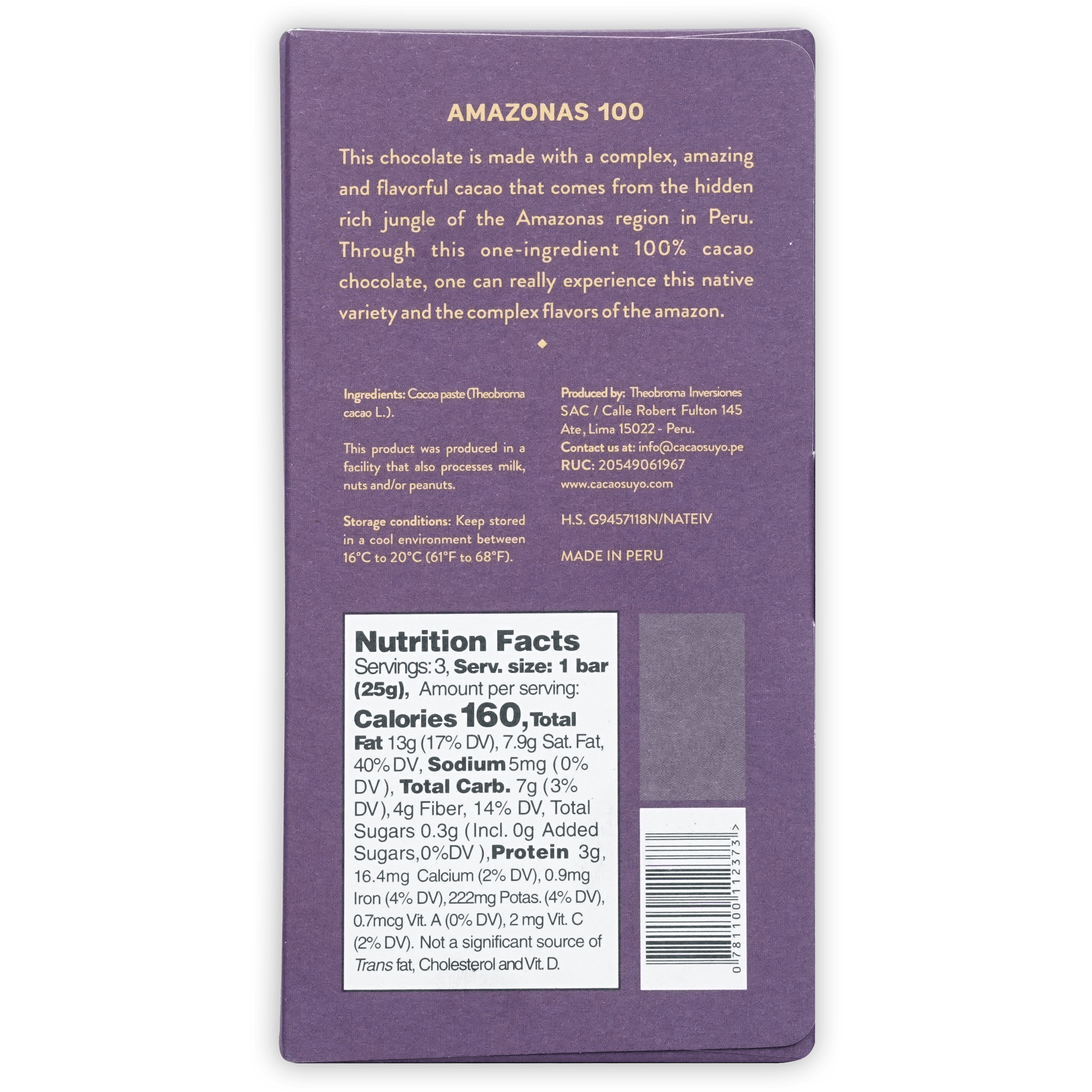 Cacaosuyo Amazonas 100% purple rectangular chocolate bar wrapper with barcode