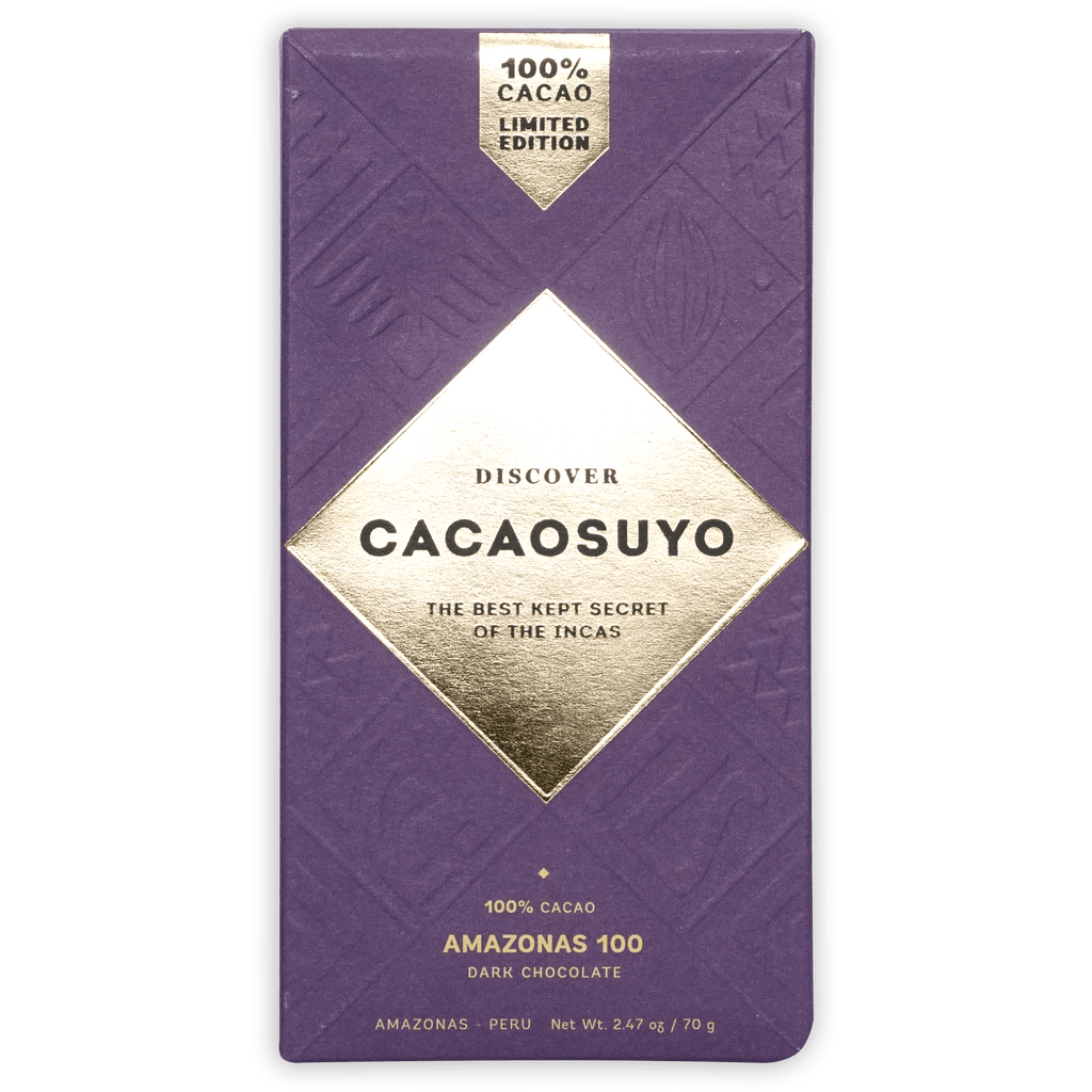 Cacaosuyo Amazonas 100% purple dark chocolate bar with gold foil and geometric patterns