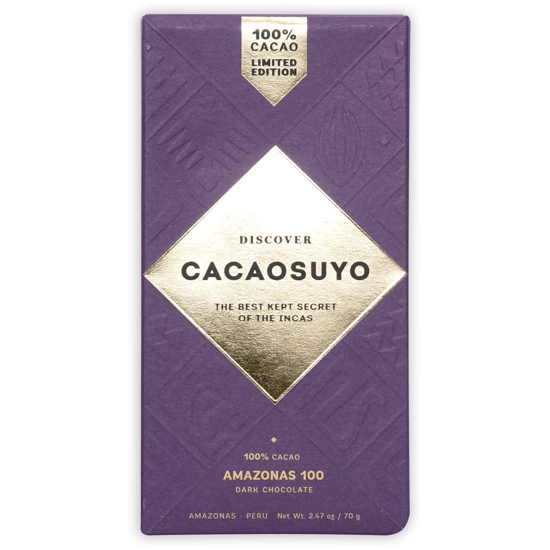 Cacaosuyo Amazonas 100% purple dark chocolate bar with gold foil and geometric patterns