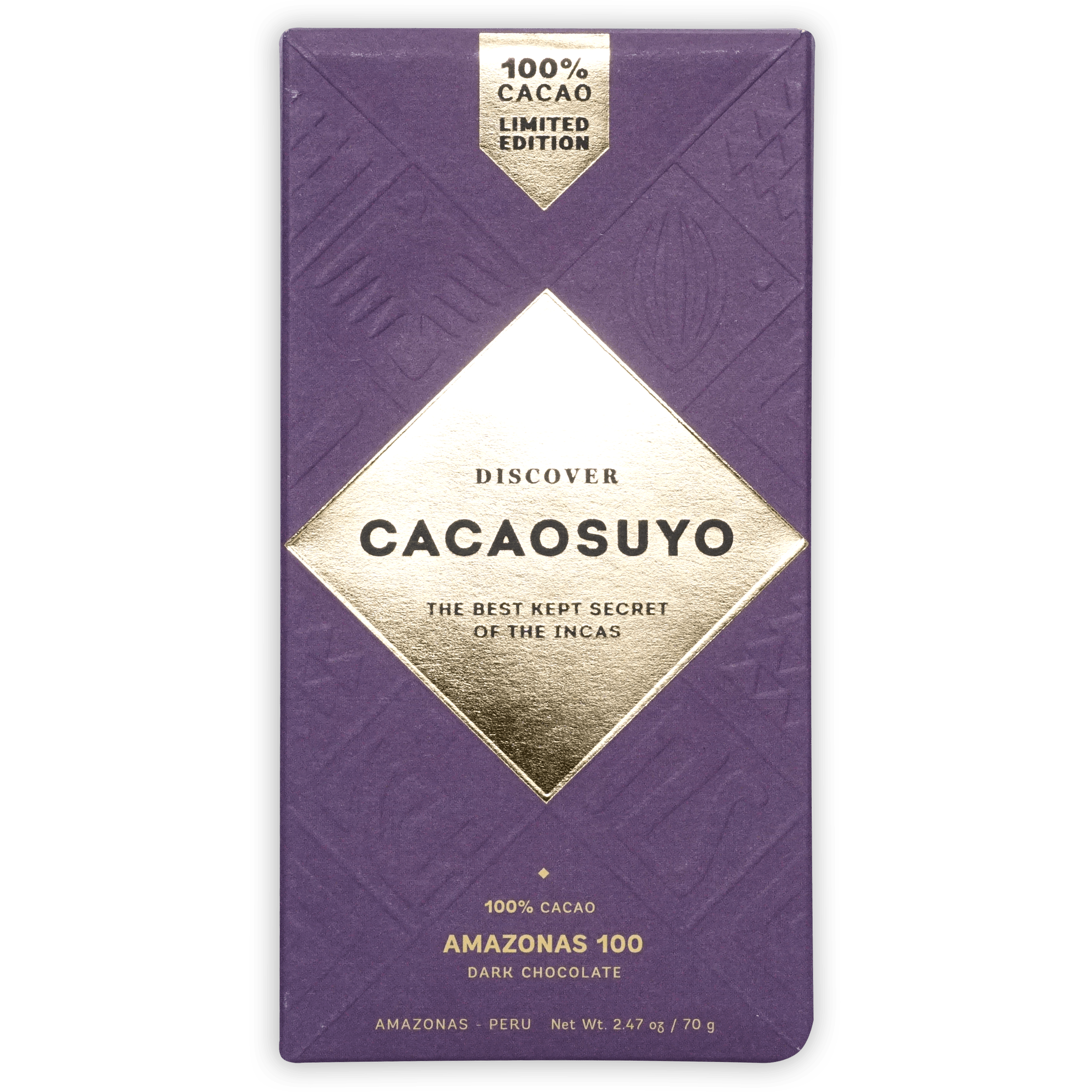 Cacaosuyo Amazonas 100% purple dark chocolate bar with gold foil and geometric patterns