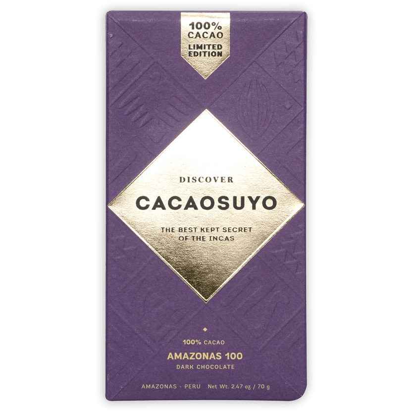 Cacaosuyo Amazonas 100% purple dark chocolate bar with gold foil and geometric patterns