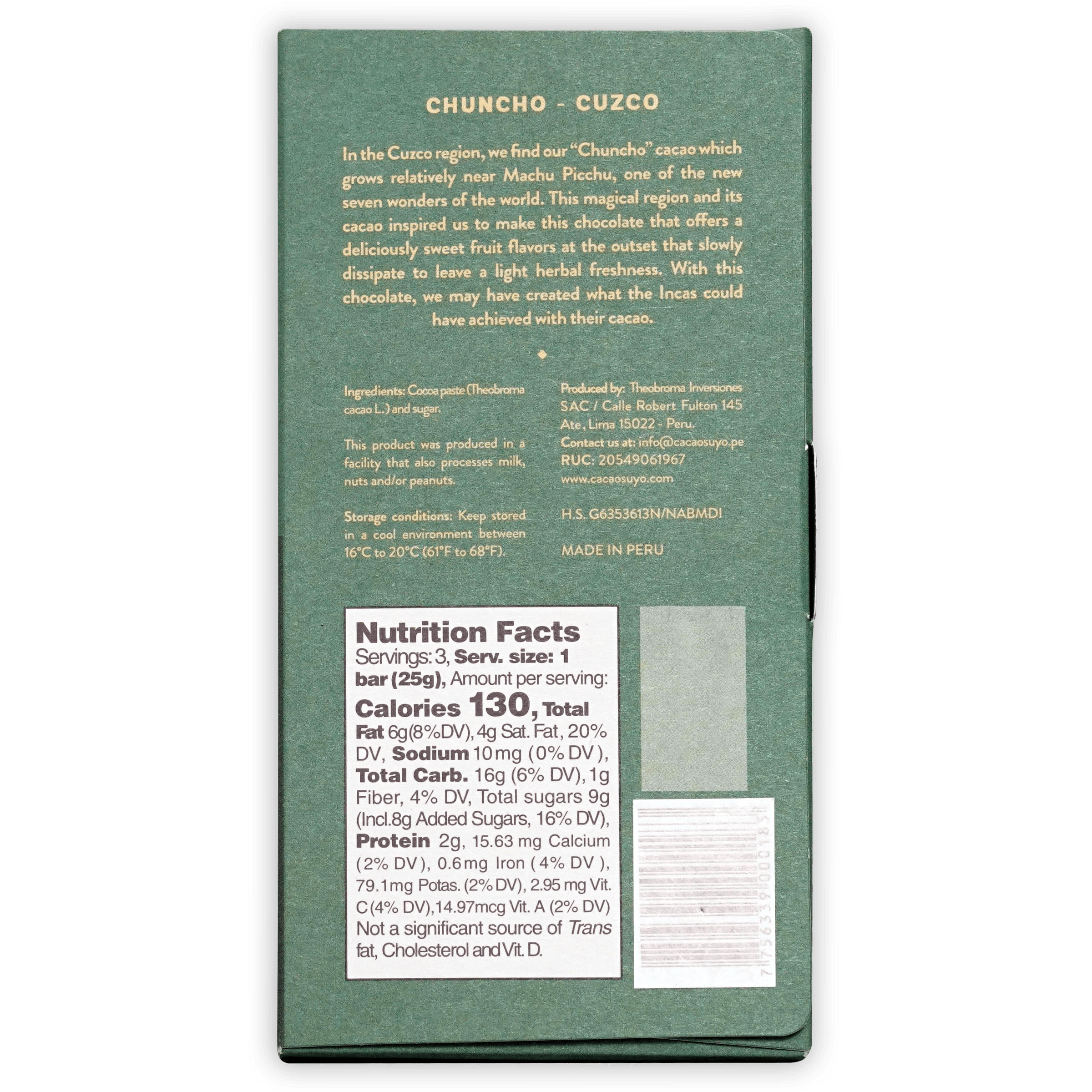 Cacaosuyo Chuncho-Cuzco 70% green wrapper with gold text and white nutrition label