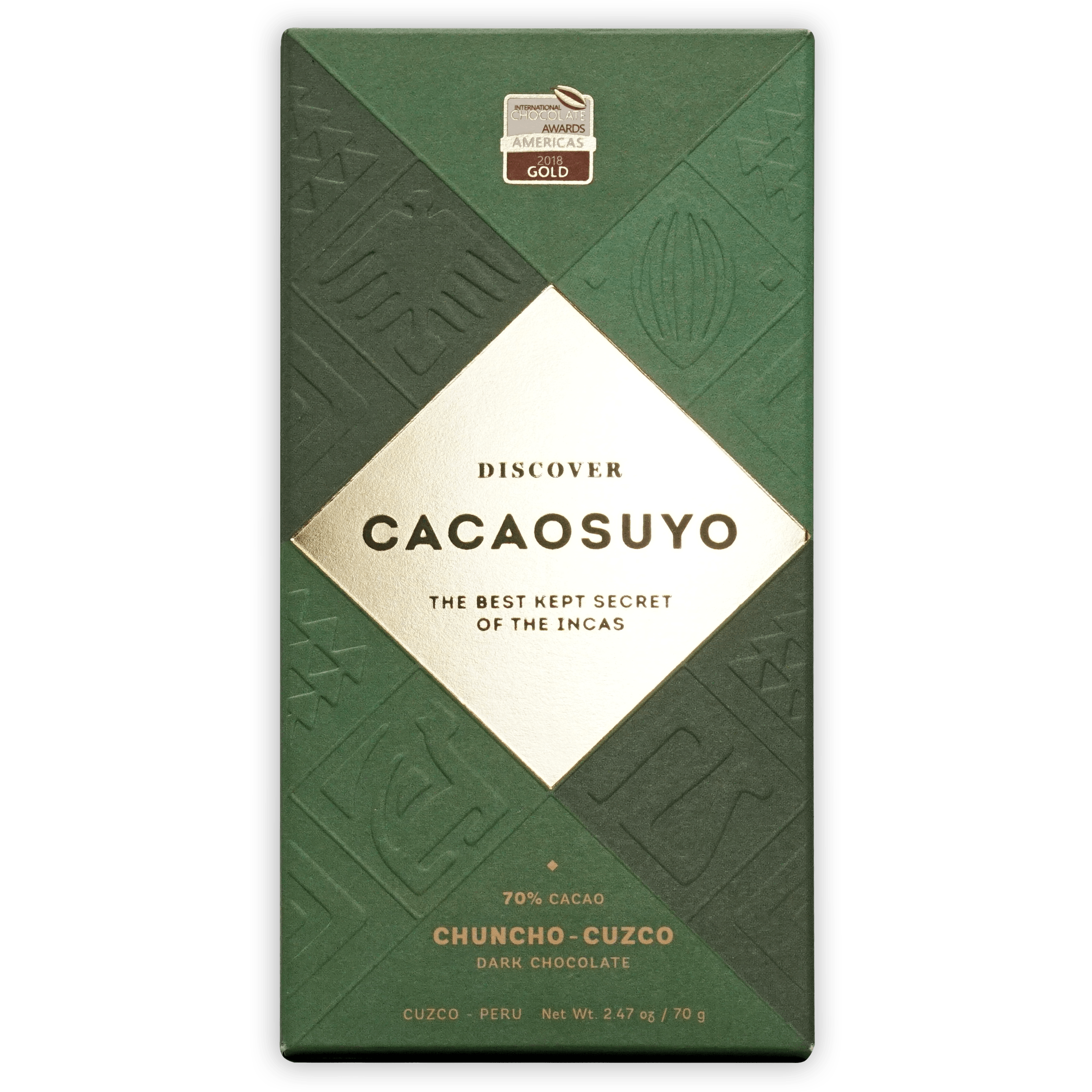 Cacaosuyo Chuncho-Cuzco 70% dark chocolate bar in green gold packaging