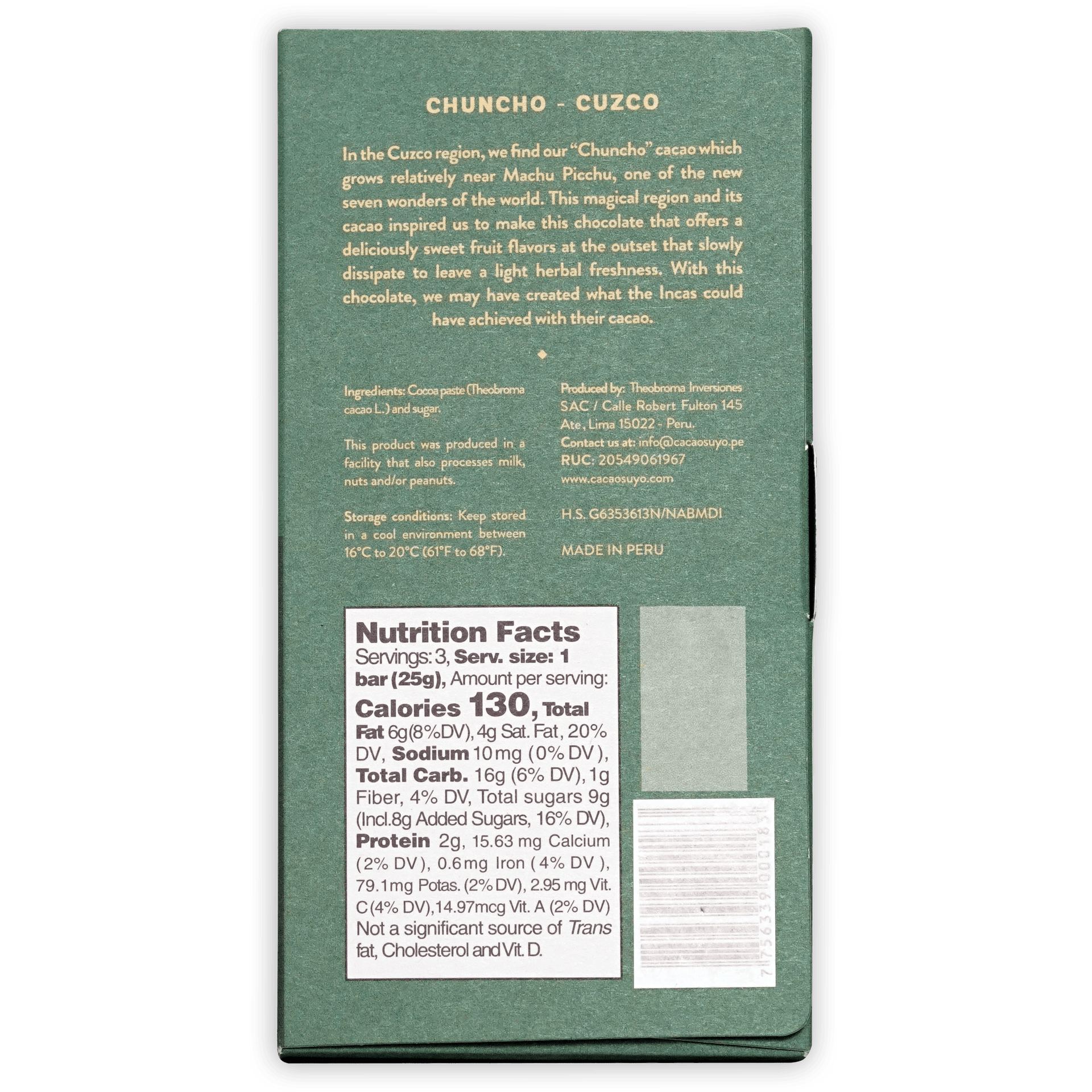 Cacaosuyo Chuncho-Cuzco 70% green wrapper with gold text and white nutrition label