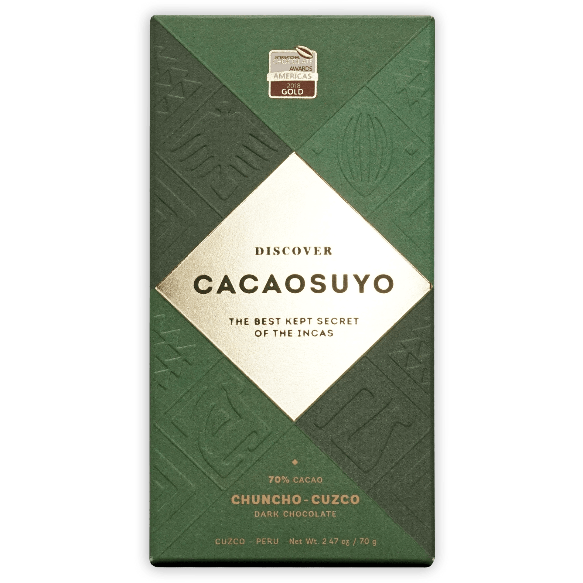 Cacaosuyo Chuncho-Cuzco 70% dark chocolate bar in green gold packaging