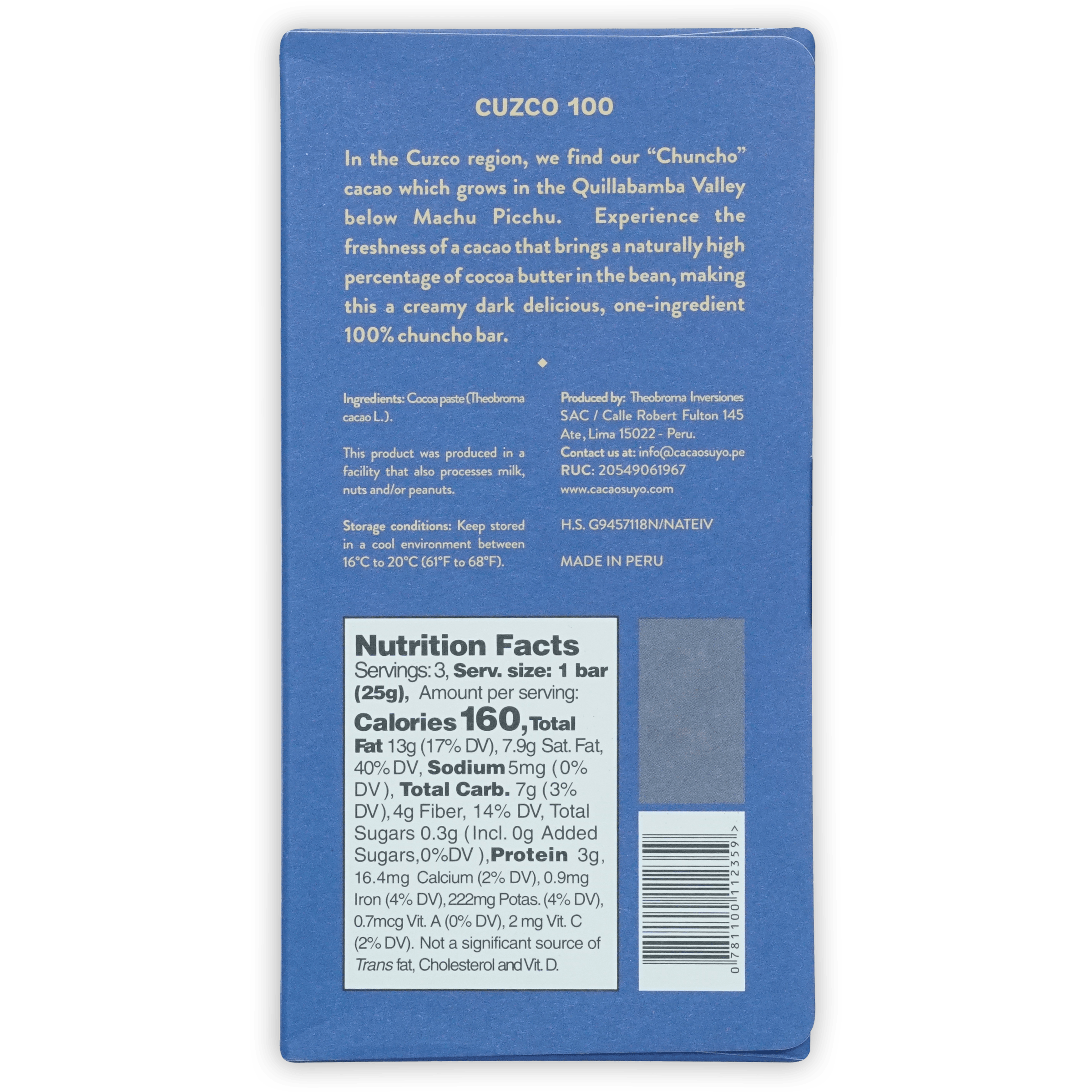 Cacaosuyo Cuzco 100% blue rectangular chocolate bar package with nutrition label