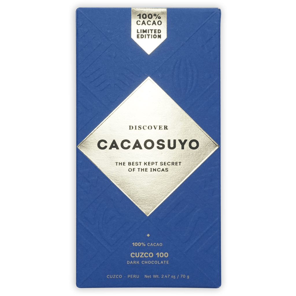Cacaosuyo Cuzco 100% Peruvian cacao dark chocolate in sleek blue wrapper