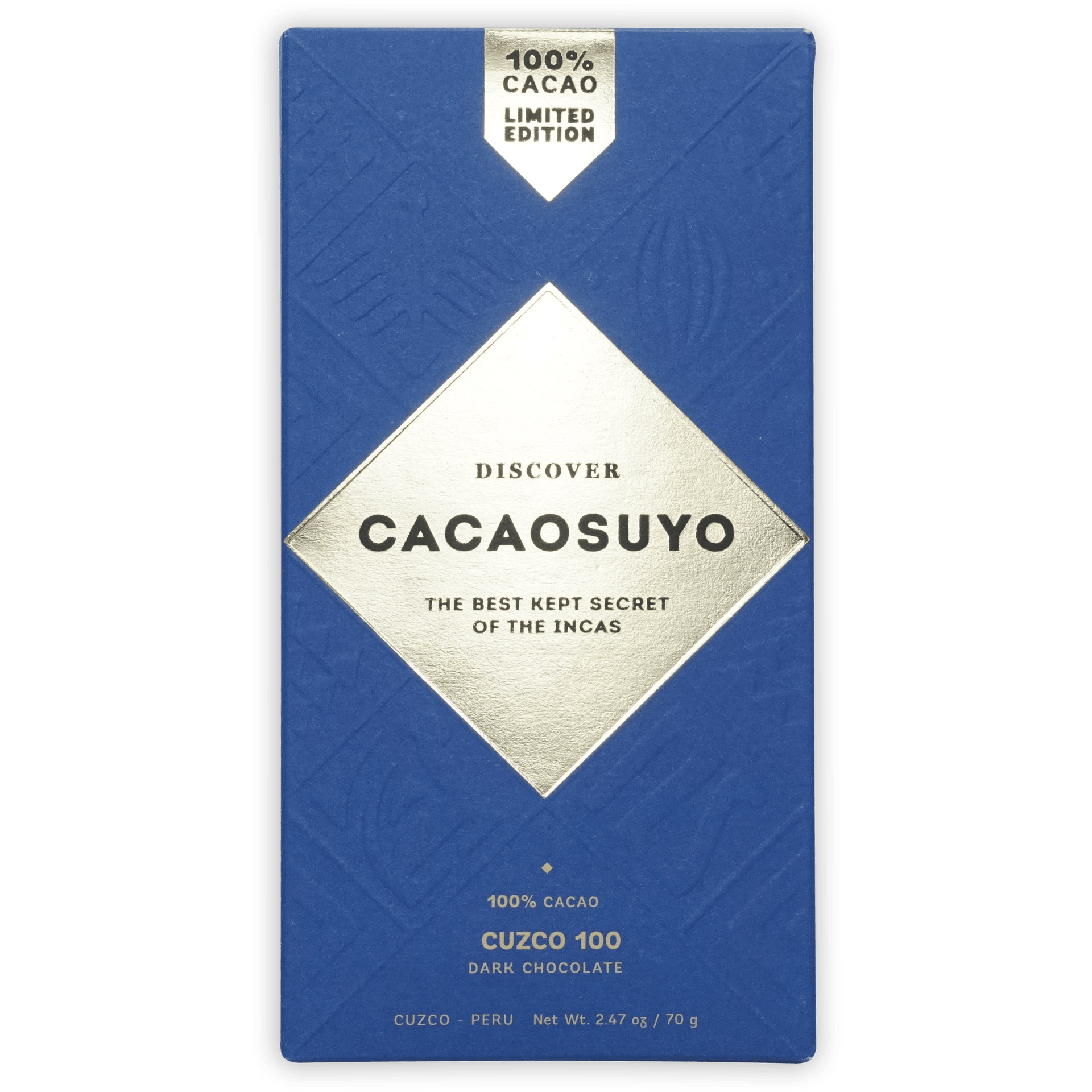 Cacaosuyo Cuzco 100% Peruvian cacao dark chocolate in sleek blue wrapper