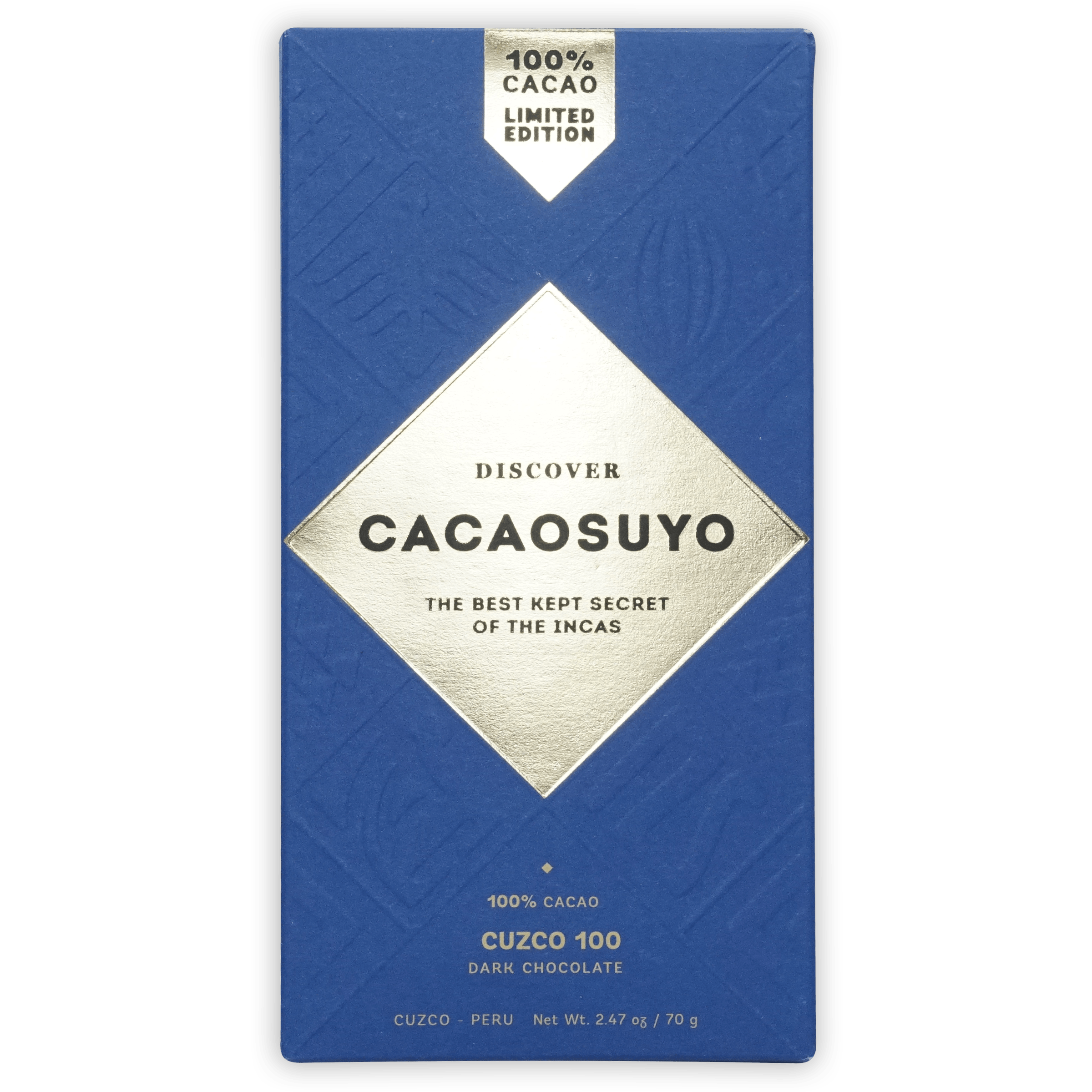 Cacaosuyo Cuzco 100% Peruvian cacao dark chocolate in sleek blue wrapper
