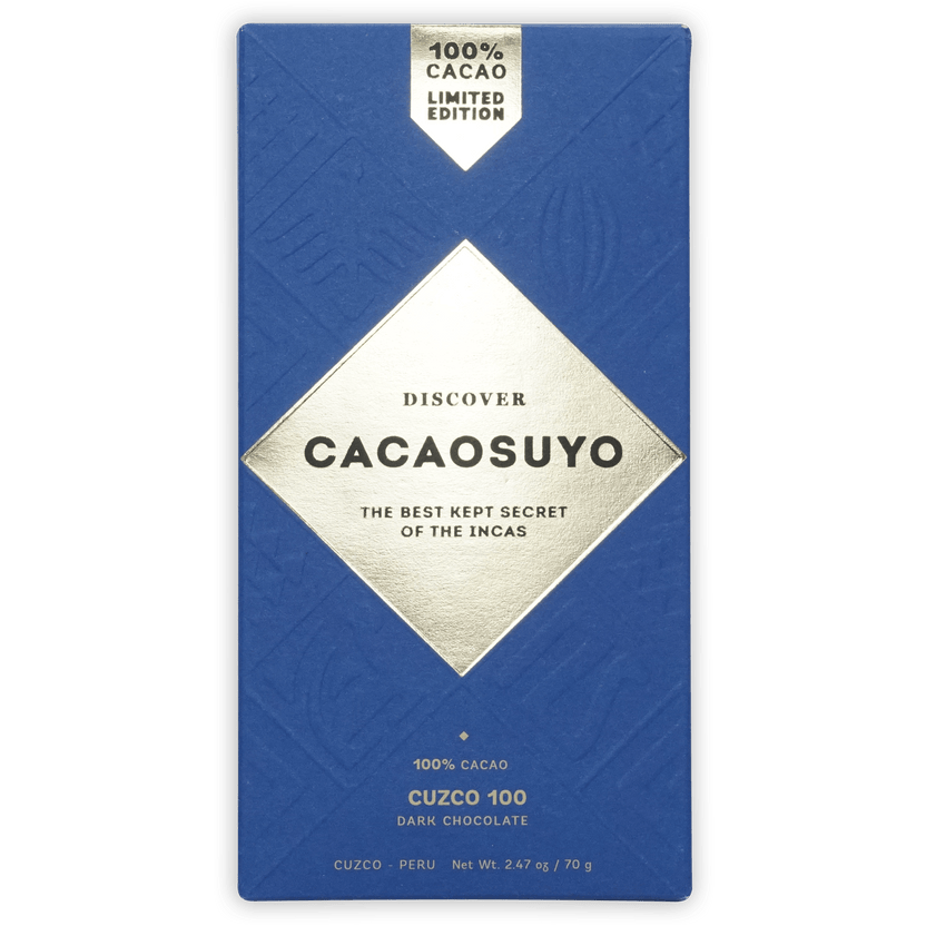Cacaosuyo Cuzco 100% Peruvian cacao dark chocolate in sleek blue wrapper