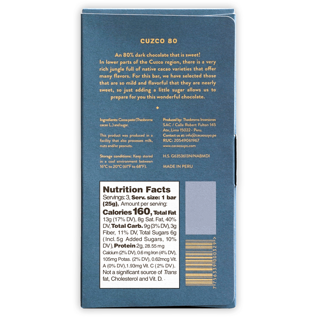 Cacaosuyo Cuzco 80% blue dark chocolate bar with gold text and white nutrition label