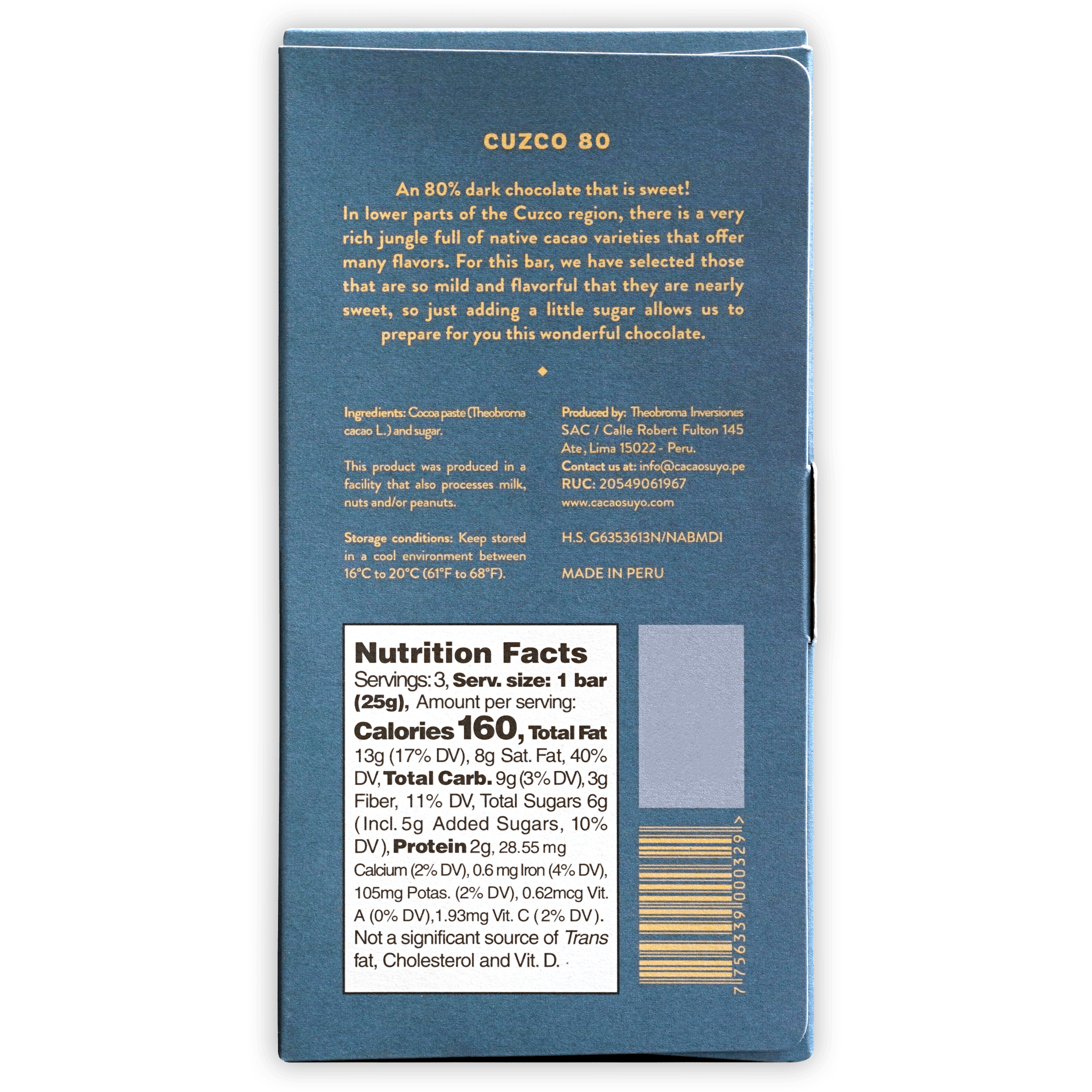Cacaosuyo Cuzco 80% blue dark chocolate bar with gold text and white nutrition label