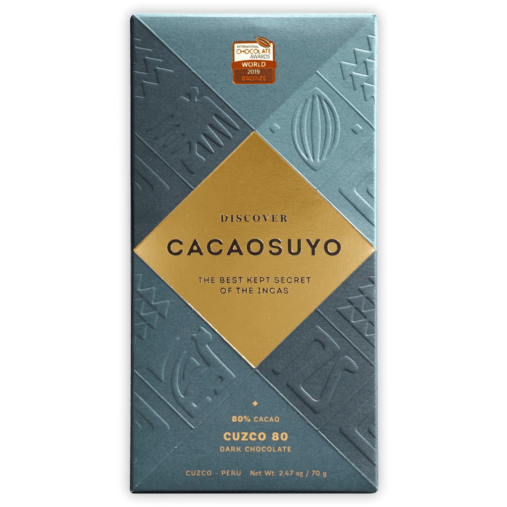 Cacaosuyo Cuzco 80% teal chocolate bar wrapper with gold label
