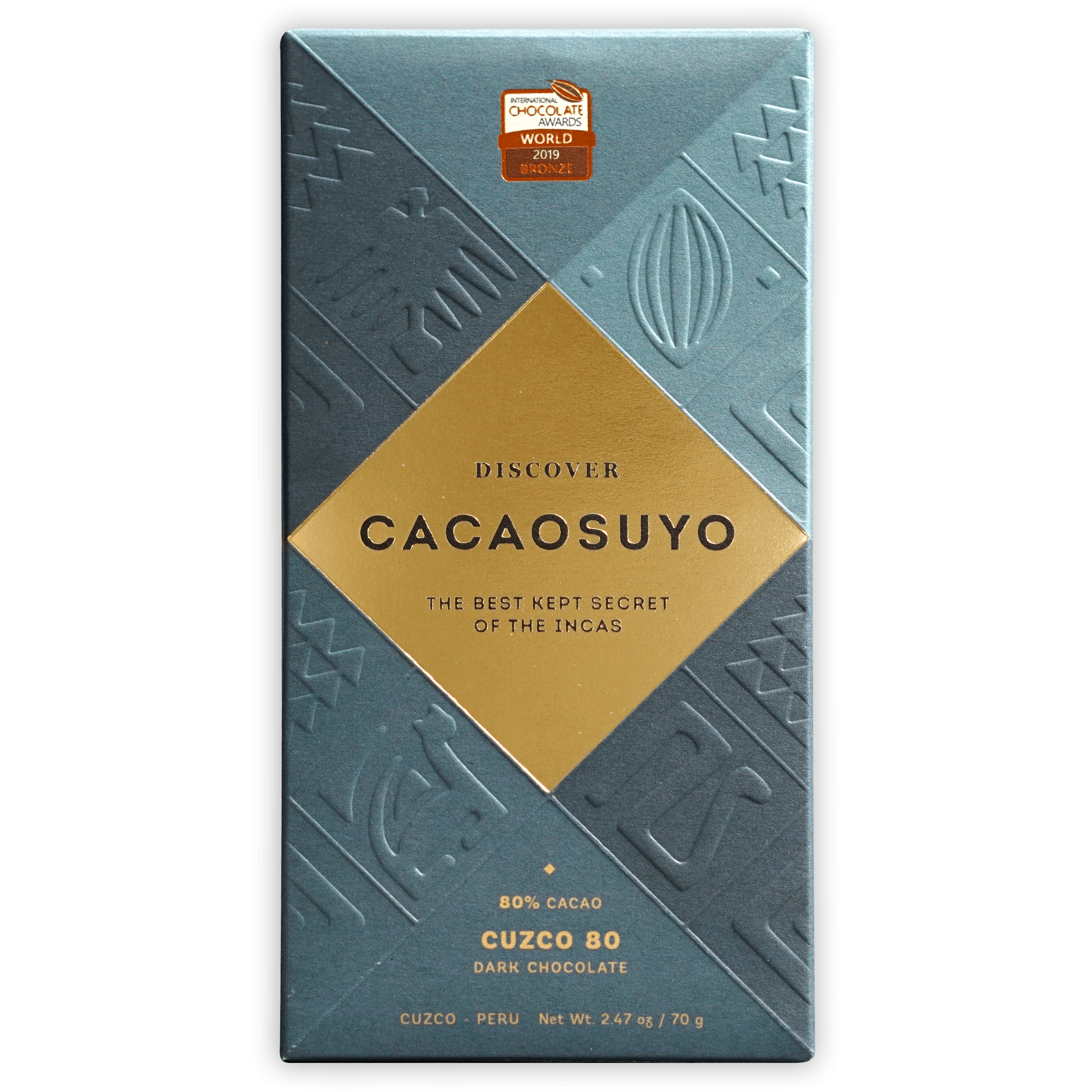 Cacaosuyo Cuzco 80% teal chocolate bar wrapper with gold label