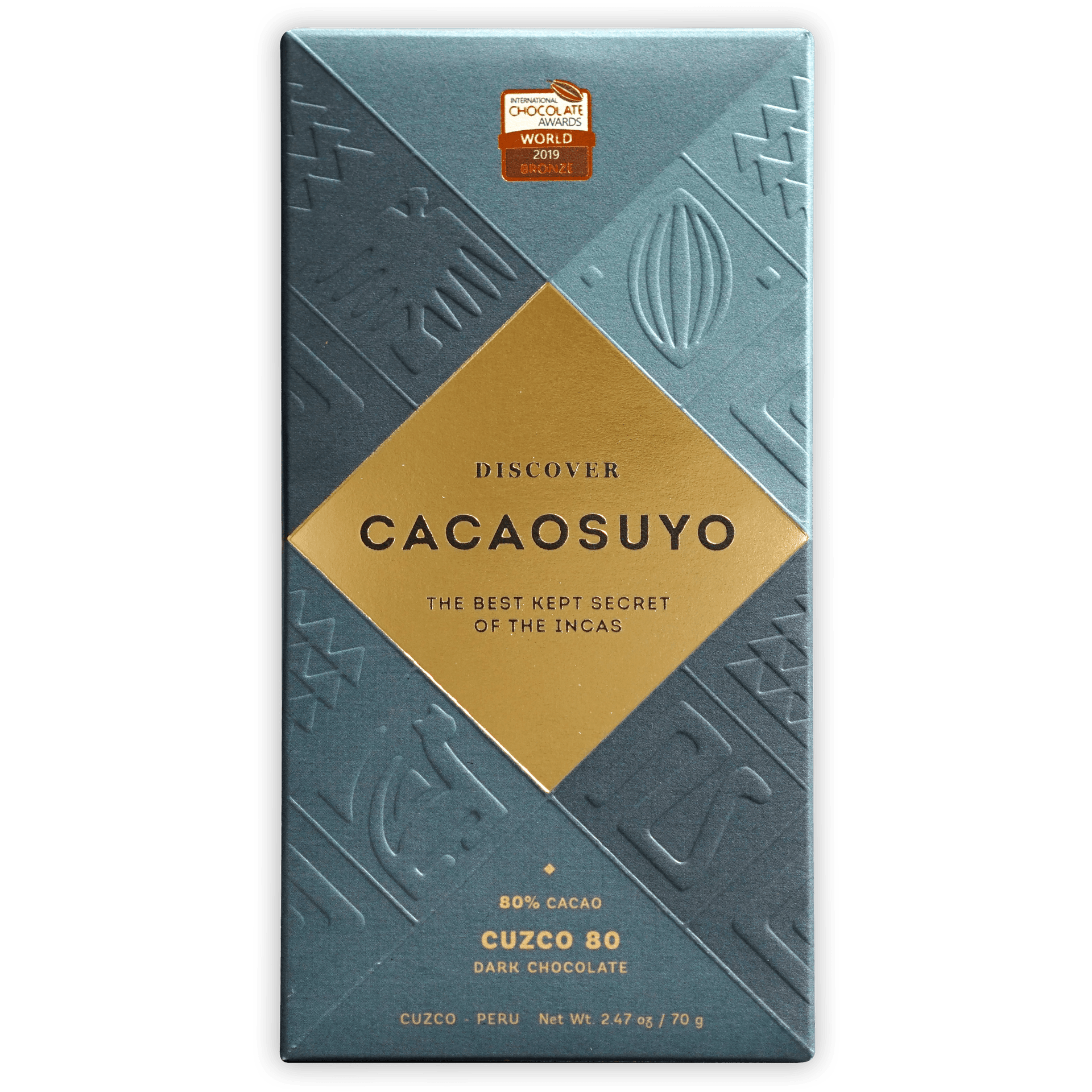 Cacaosuyo Cuzco 80% teal chocolate bar wrapper with gold label