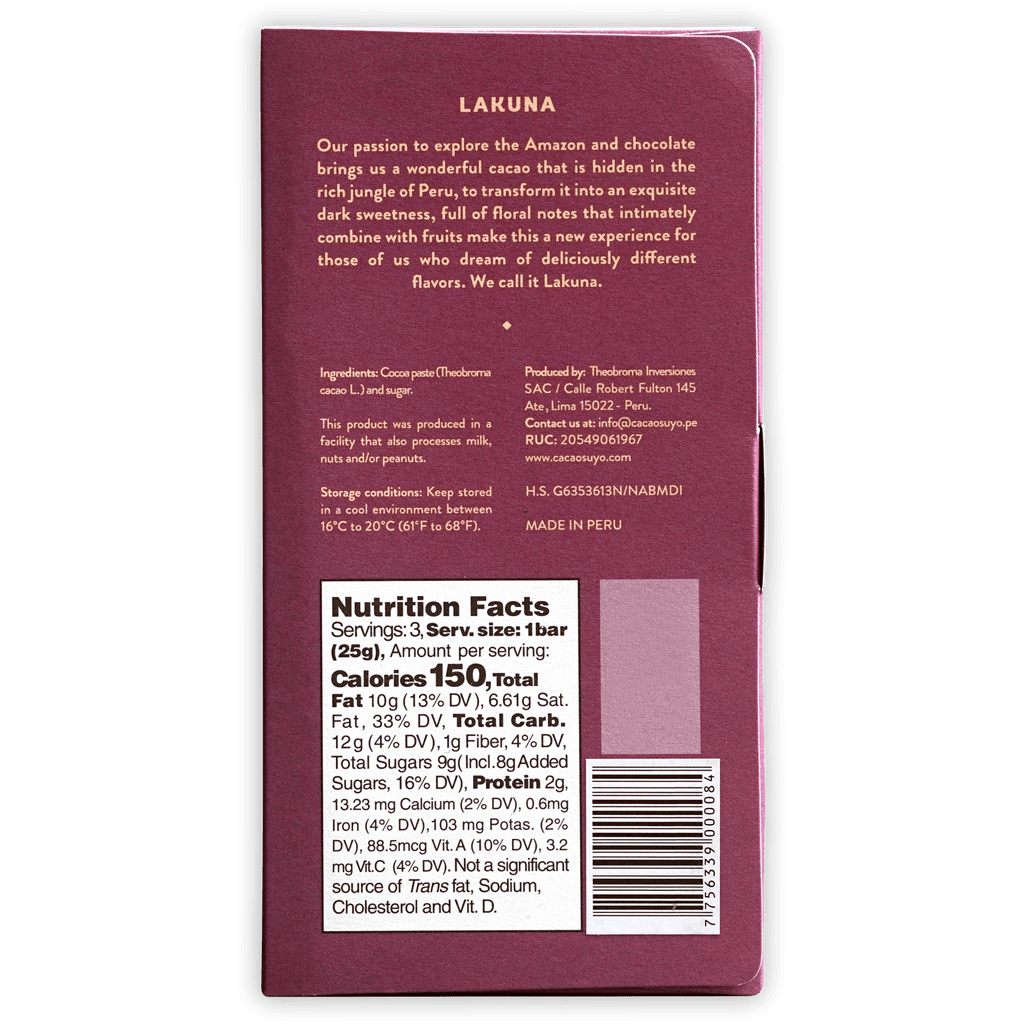 Cacaosuyo Lakuna 70% maroon matte rectangular chocolate bar packaging