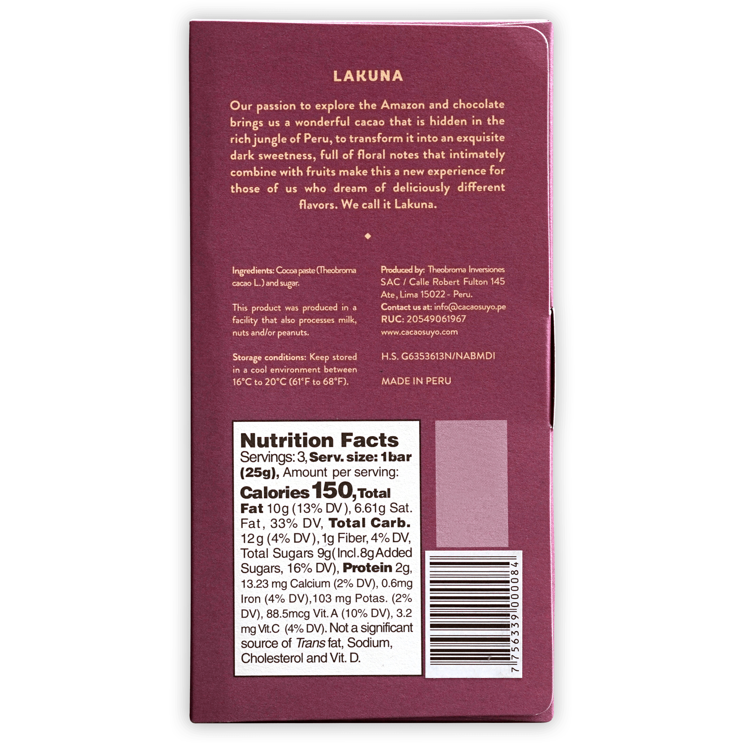 Cacaosuyo Lakuna 70% maroon matte rectangular chocolate bar packaging