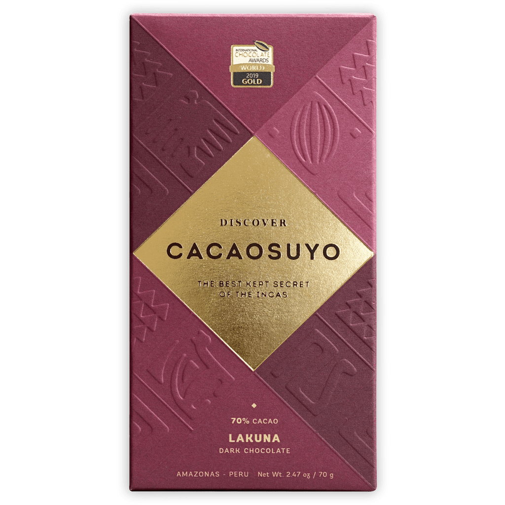 Cacaosuyo Lakuna 70% maroon gold foil bar with 2019 gold award
